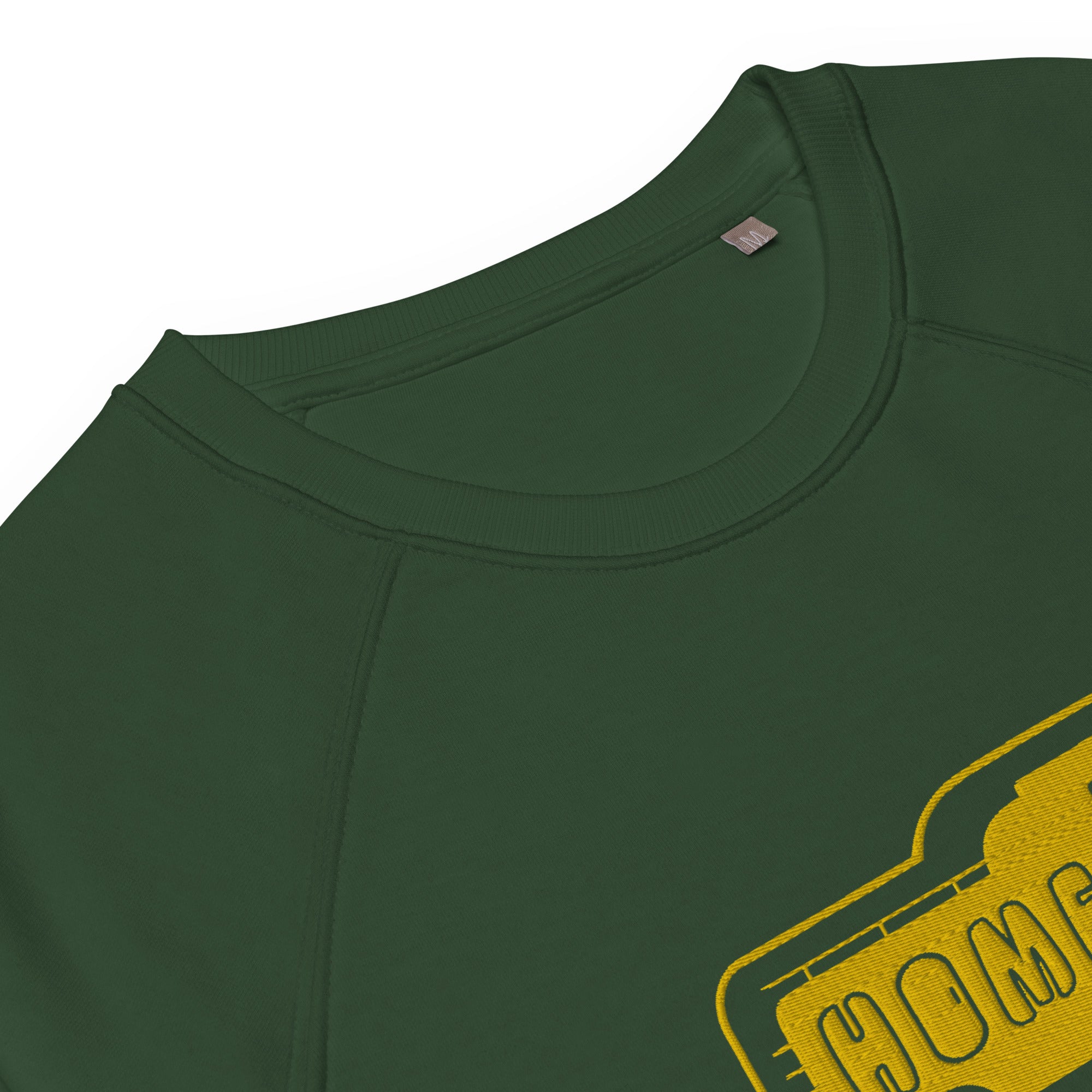 Unisex organic raglan sweatshirt Bold Camper Van Home is where you park it large gold embroidered pattern