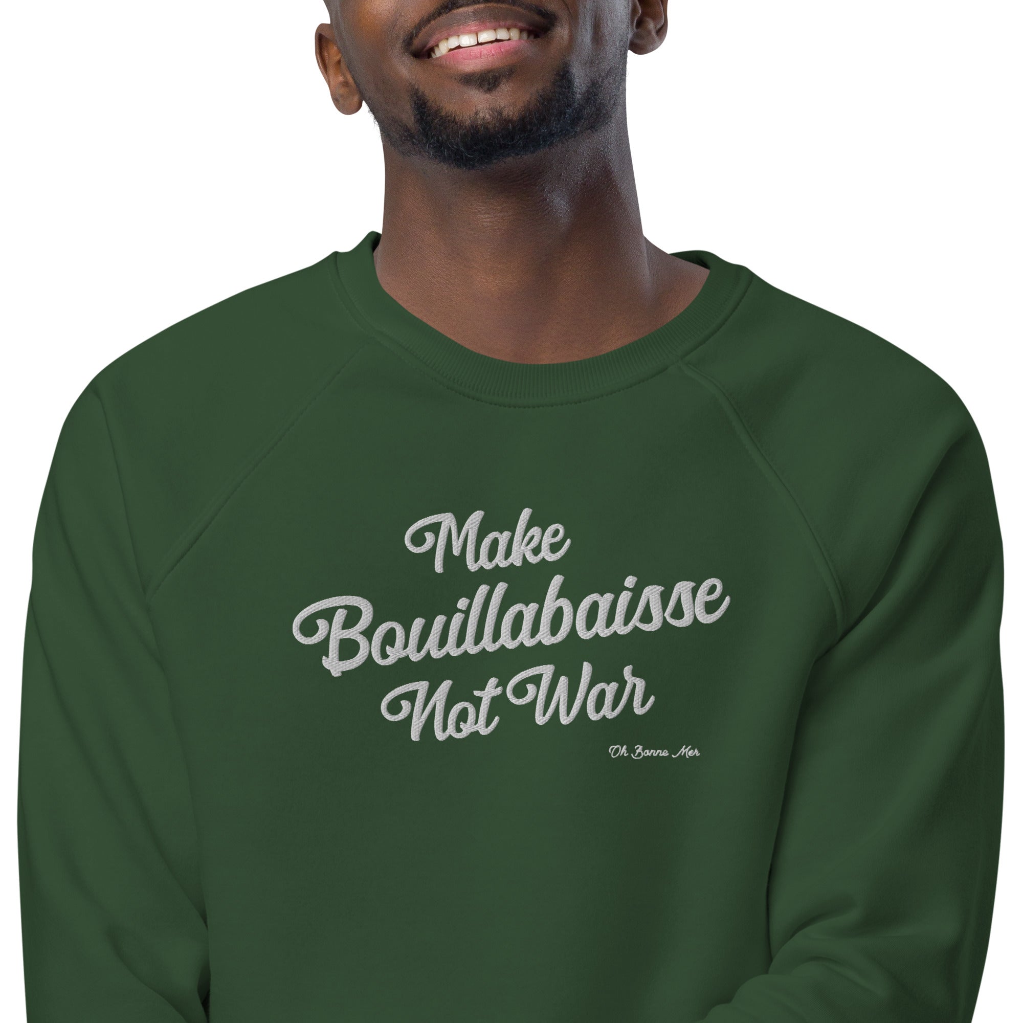 Sweatshirt écologique raglan unisexe Make Bouillabaisse Not War grand motif brodé blanc