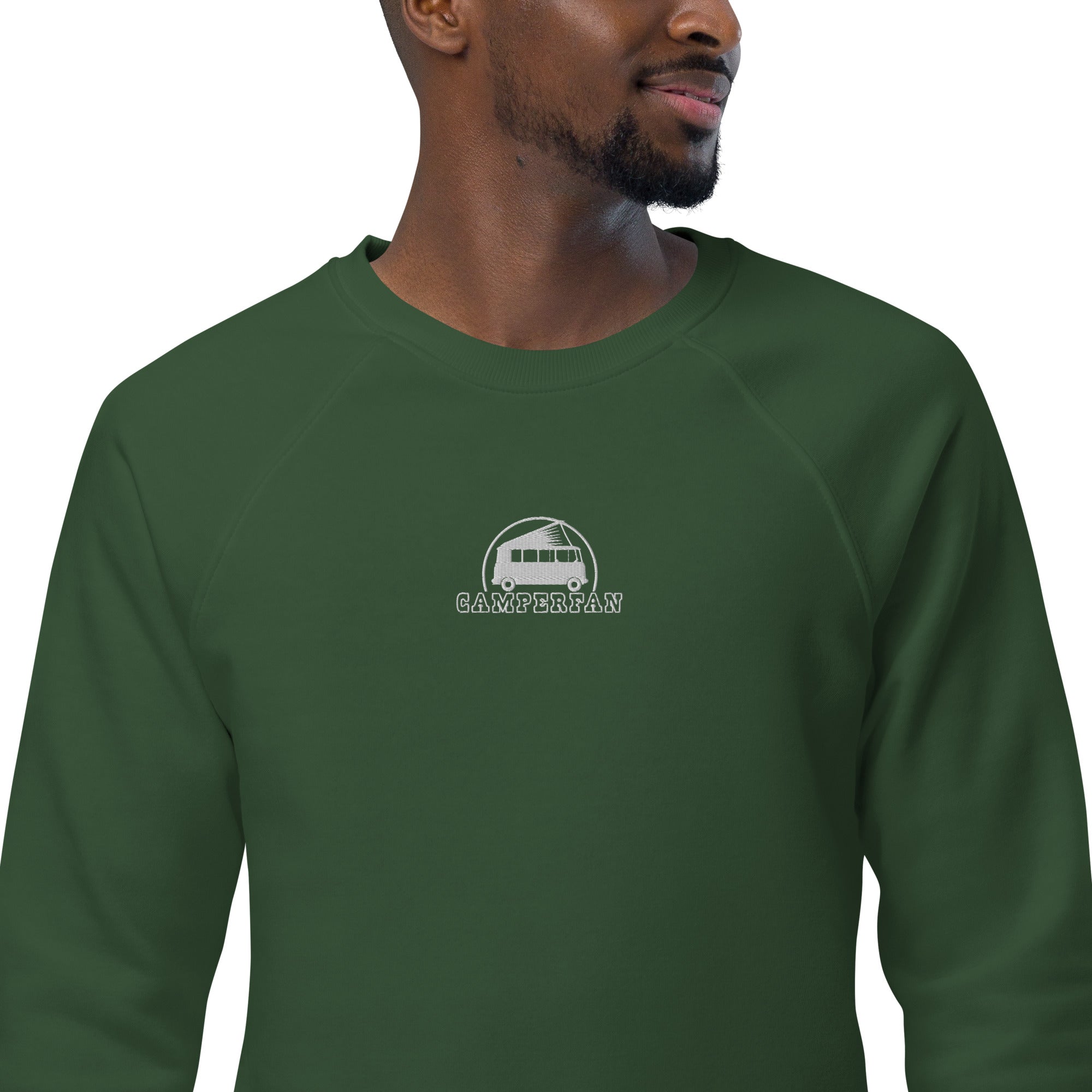Unisex organic raglan sweatshirt Small Camperfan white embroidered pattern