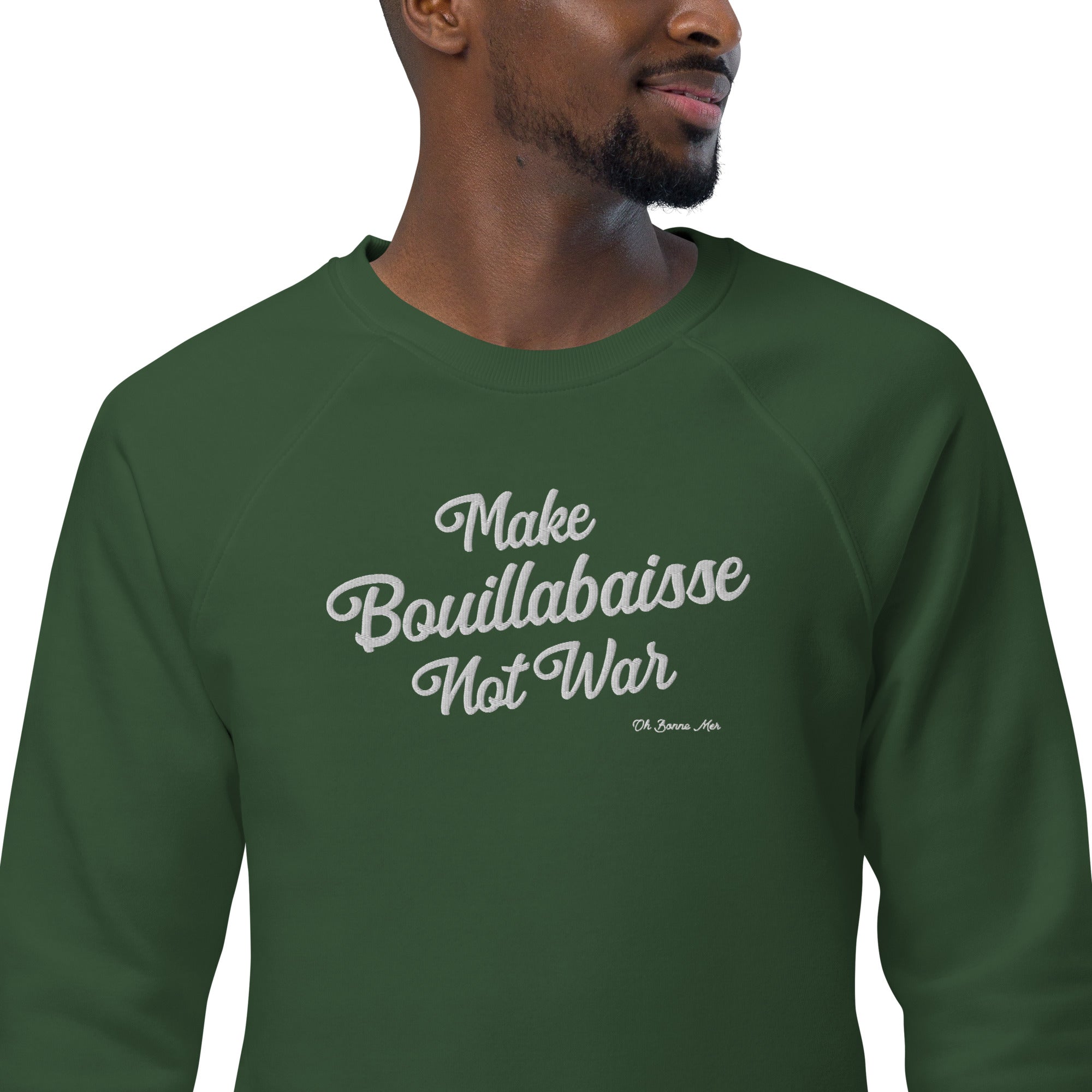 Sweatshirt écologique raglan unisexe Make Bouillabaisse Not War grand motif brodé blanc