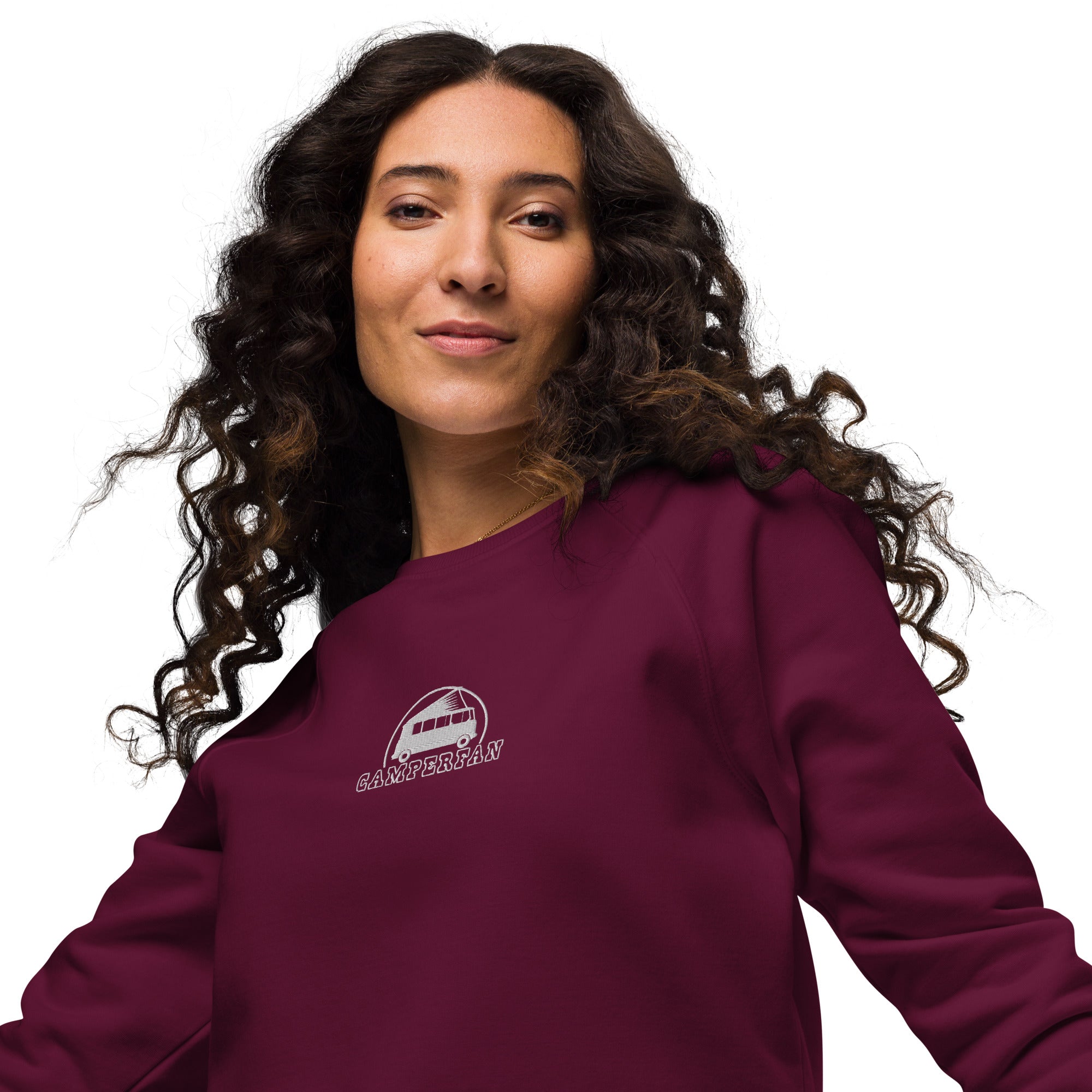 Unisex organic raglan sweatshirt Small Camperfan white embroidered pattern