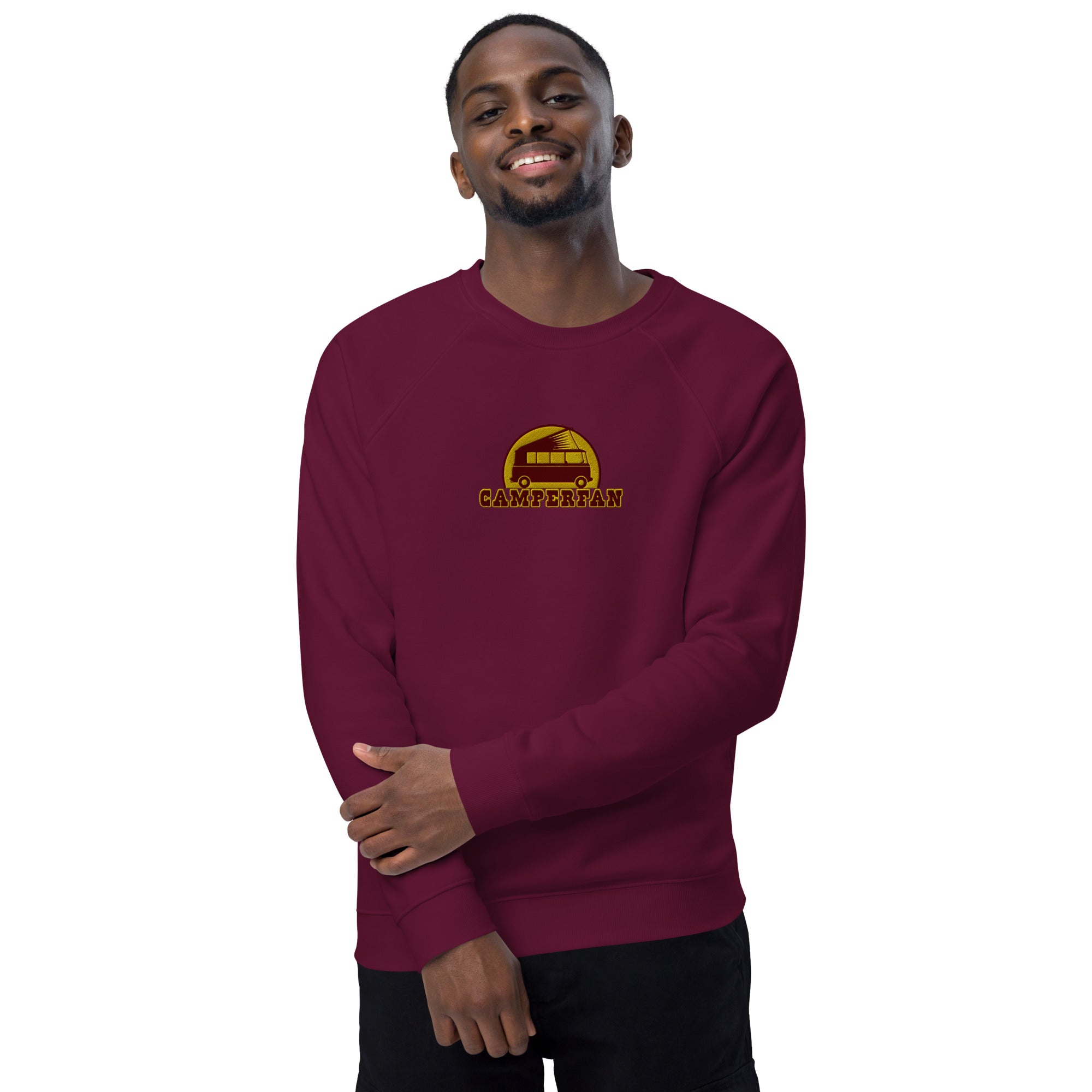 Unisex organic raglan sweatshirt Small Camperfan large brown/yellow embroidered pattern