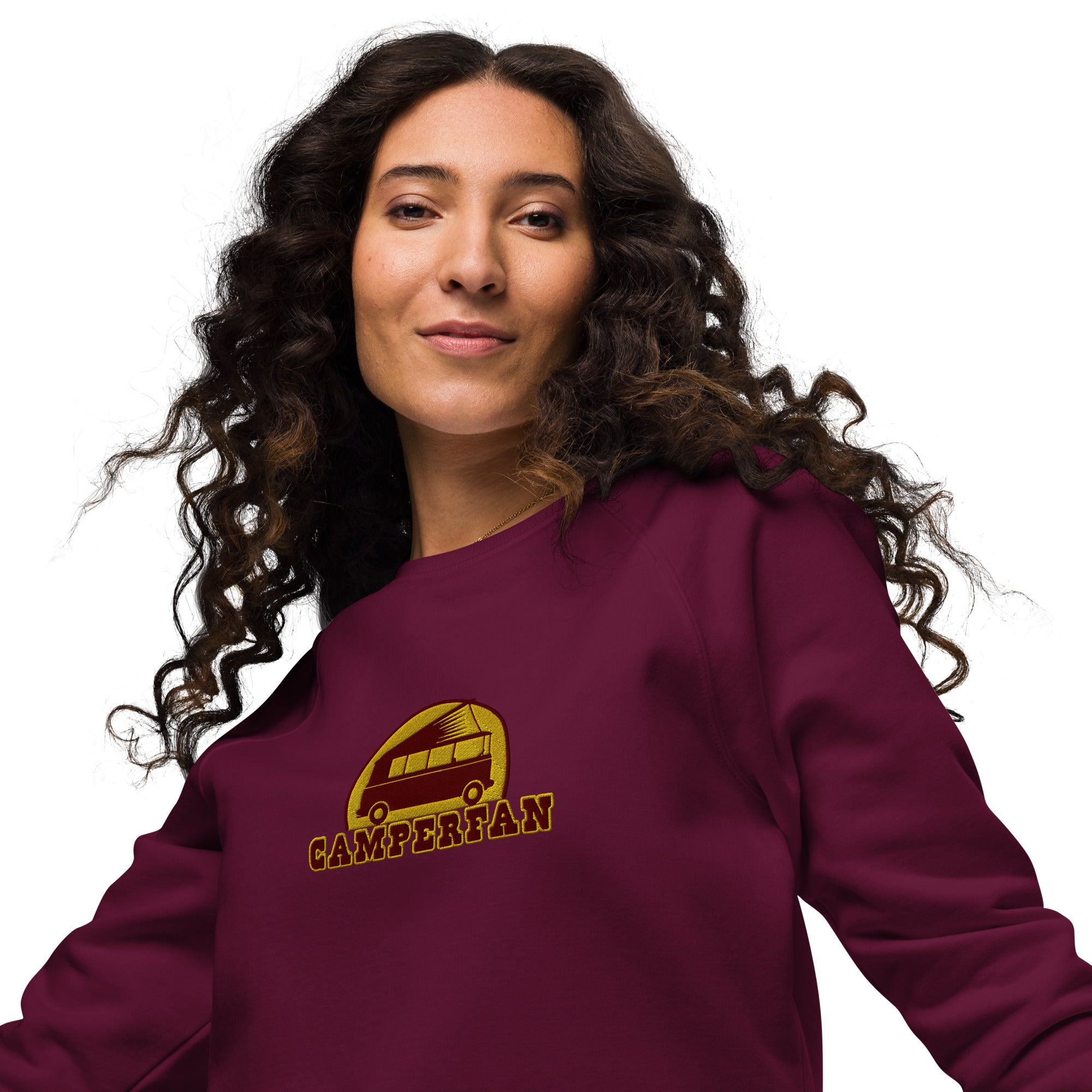 Unisex organic raglan sweatshirt Small Camperfan large brown/yellow embroidered pattern