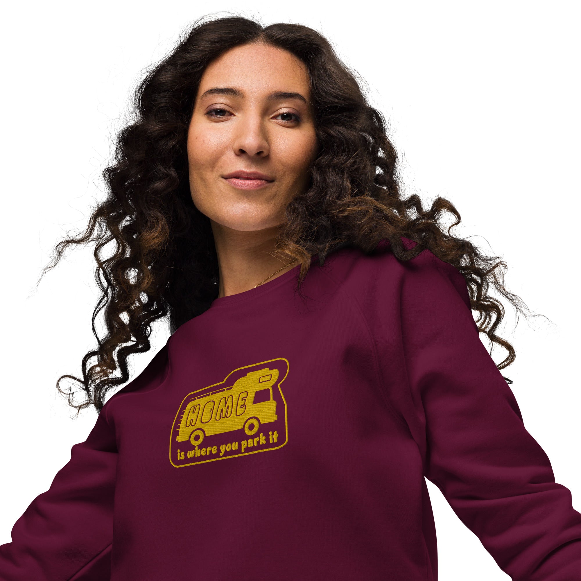 Unisex organic raglan sweatshirt Bold Camper Van Home is where you park it large gold embroidered pattern