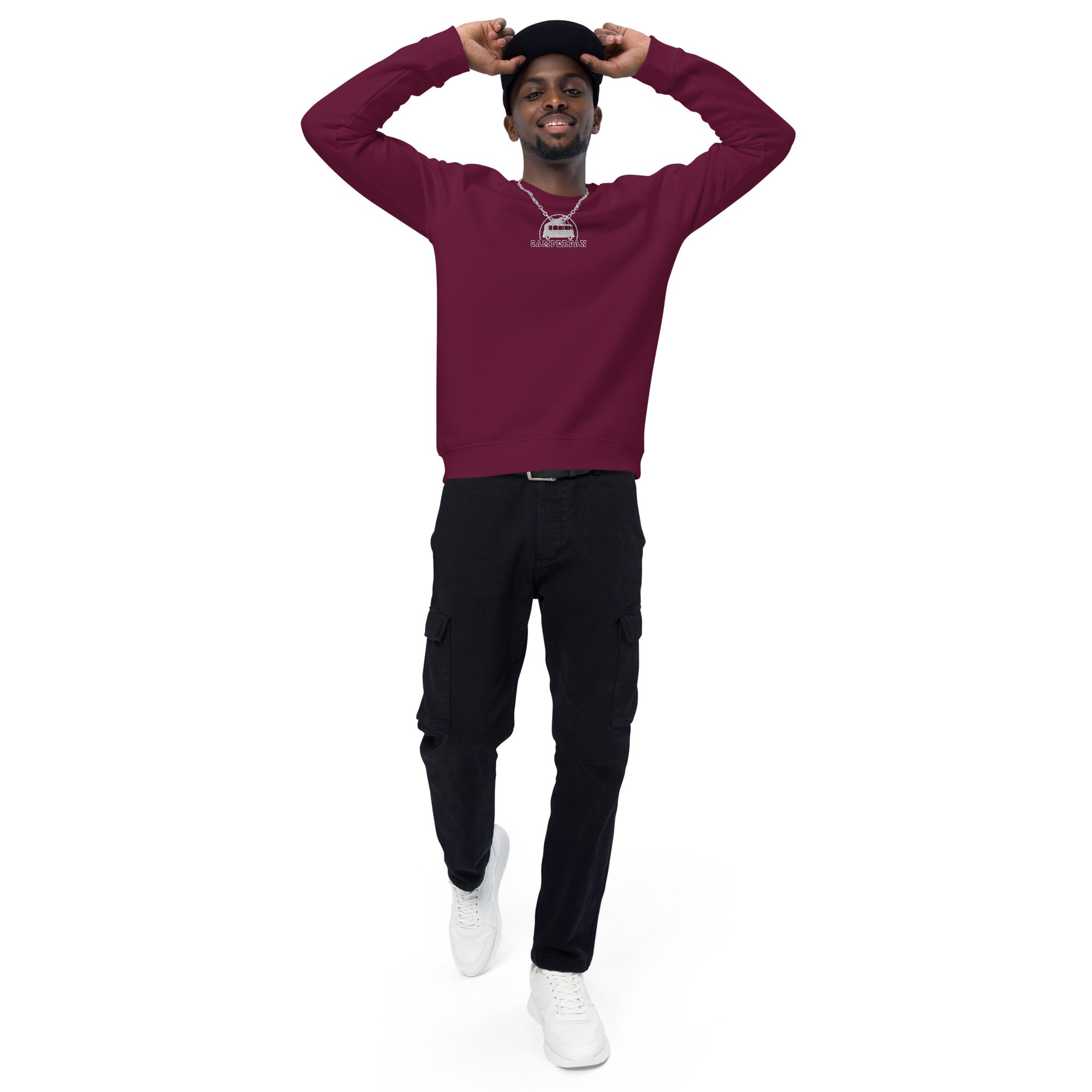 Unisex organic raglan sweatshirt Small Camperfan white embroidered pattern