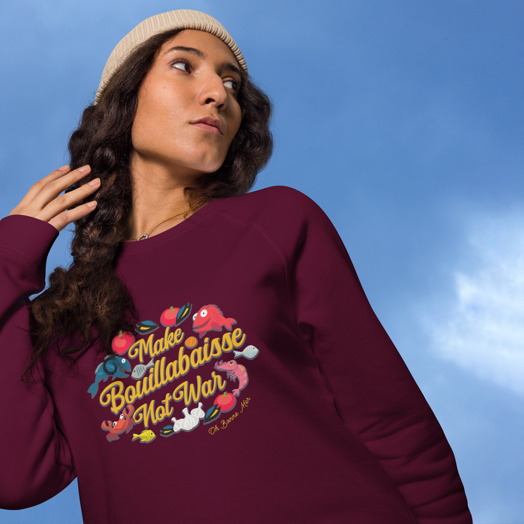 Sweatshirt écologique raglan unisexe Make Bouillabaisse Not War Oh Bonne Mer