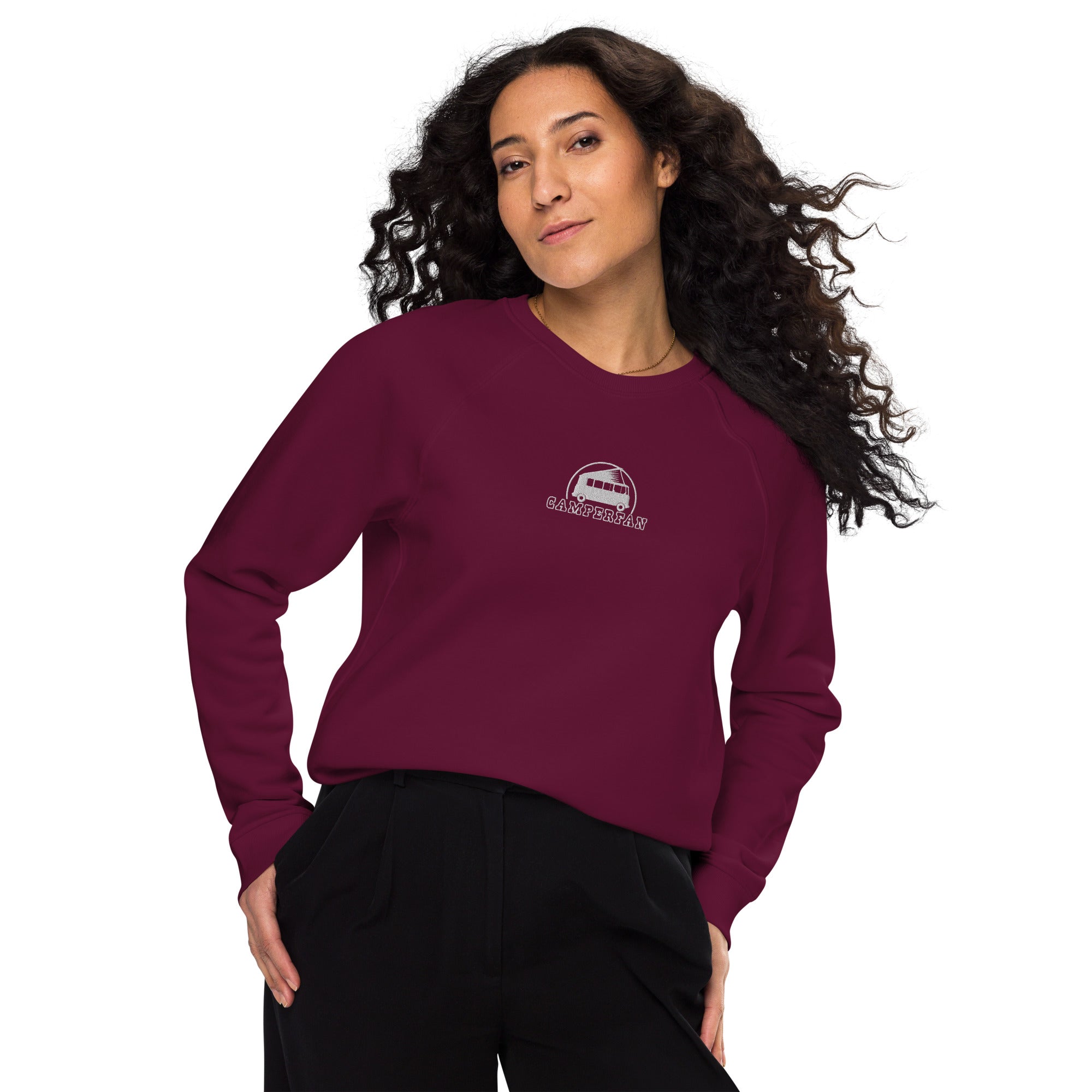 Unisex organic raglan sweatshirt Small Camperfan white embroidered pattern