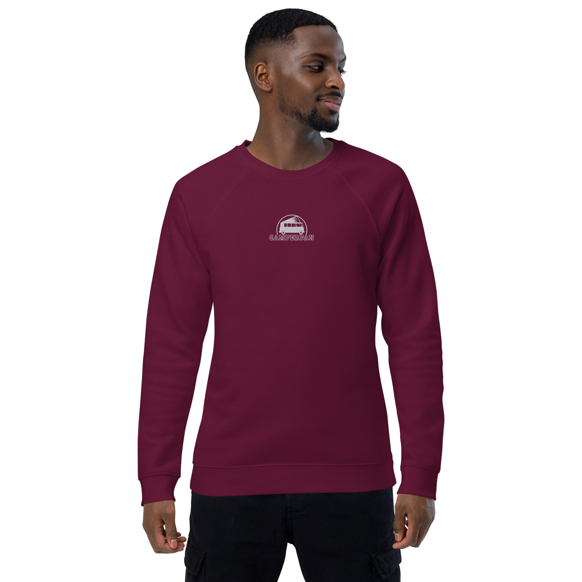 Unisex organic raglan sweatshirt Small Camperfan white embroidered pattern