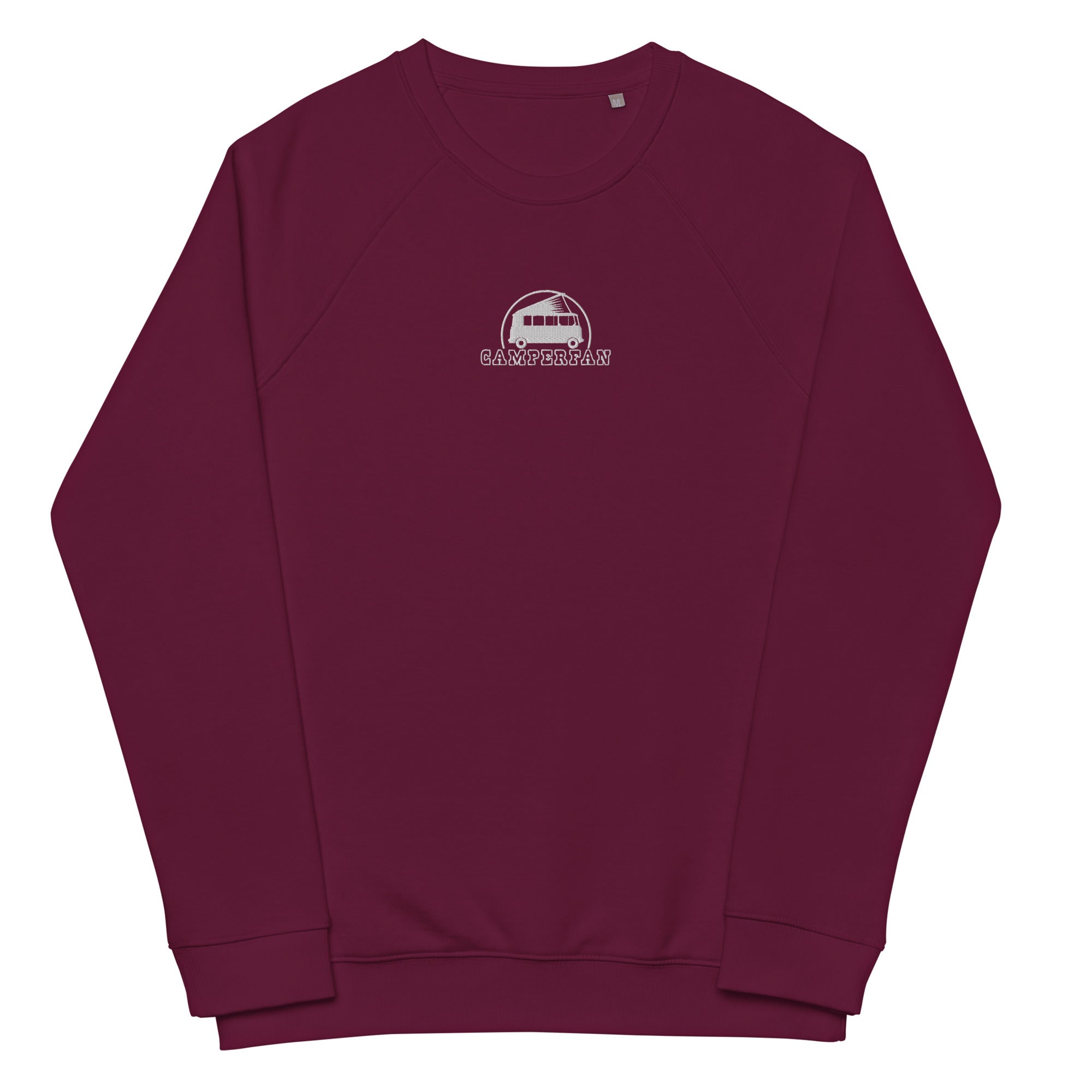 Unisex organic raglan sweatshirt Small Camperfan white embroidered pattern