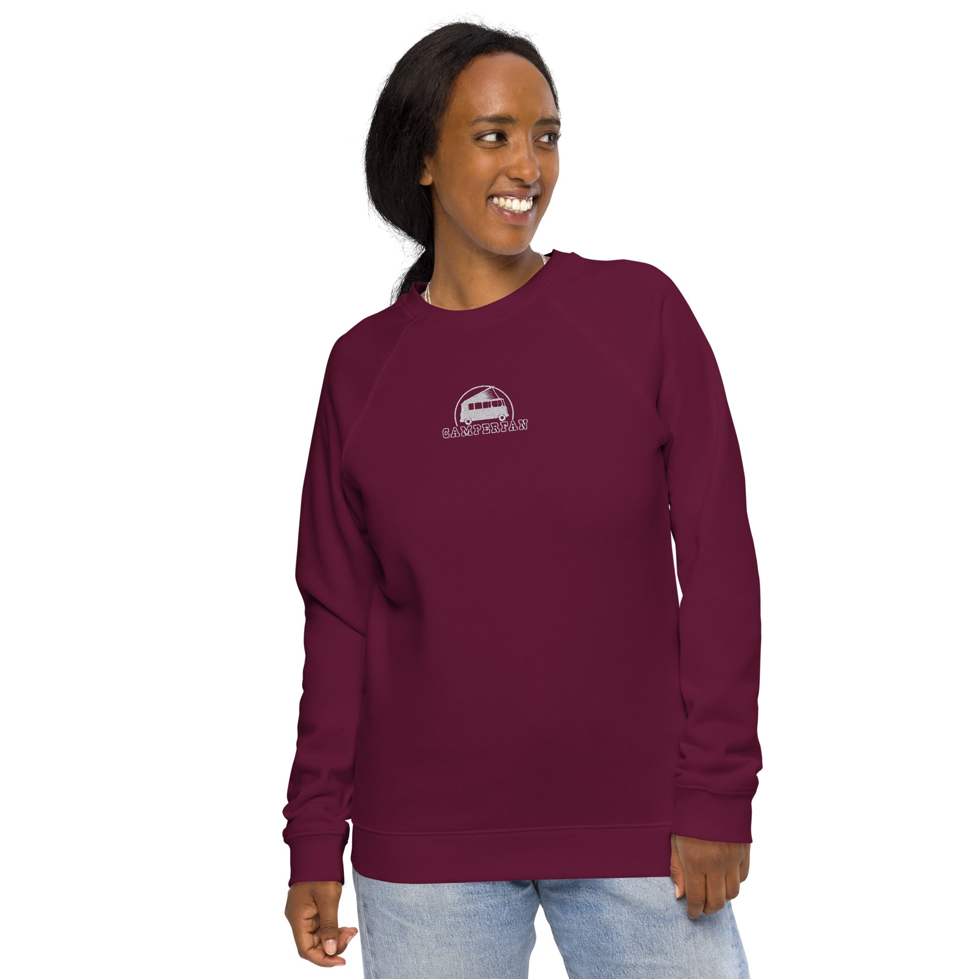 Unisex organic raglan sweatshirt Small Camperfan white embroidered pattern