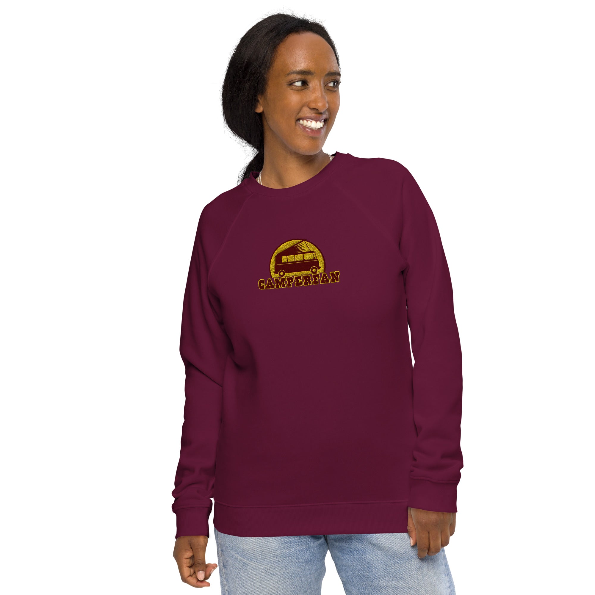 Unisex organic raglan sweatshirt Small Camperfan large brown/yellow embroidered pattern