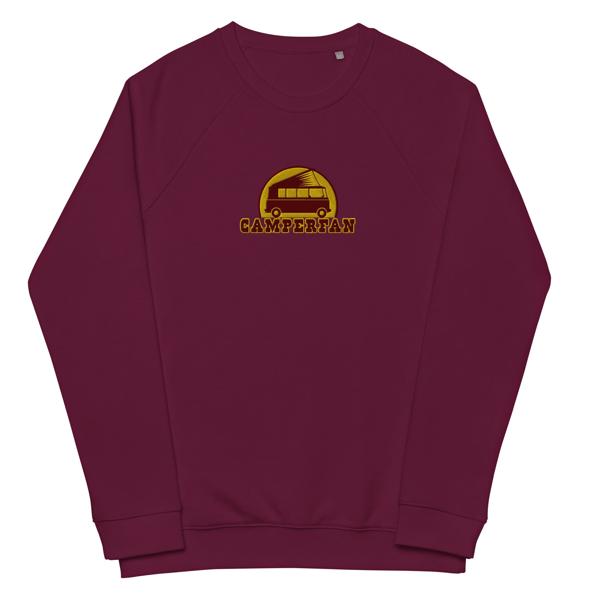 Unisex organic raglan sweatshirt Small Camperfan large brown/yellow embroidered pattern