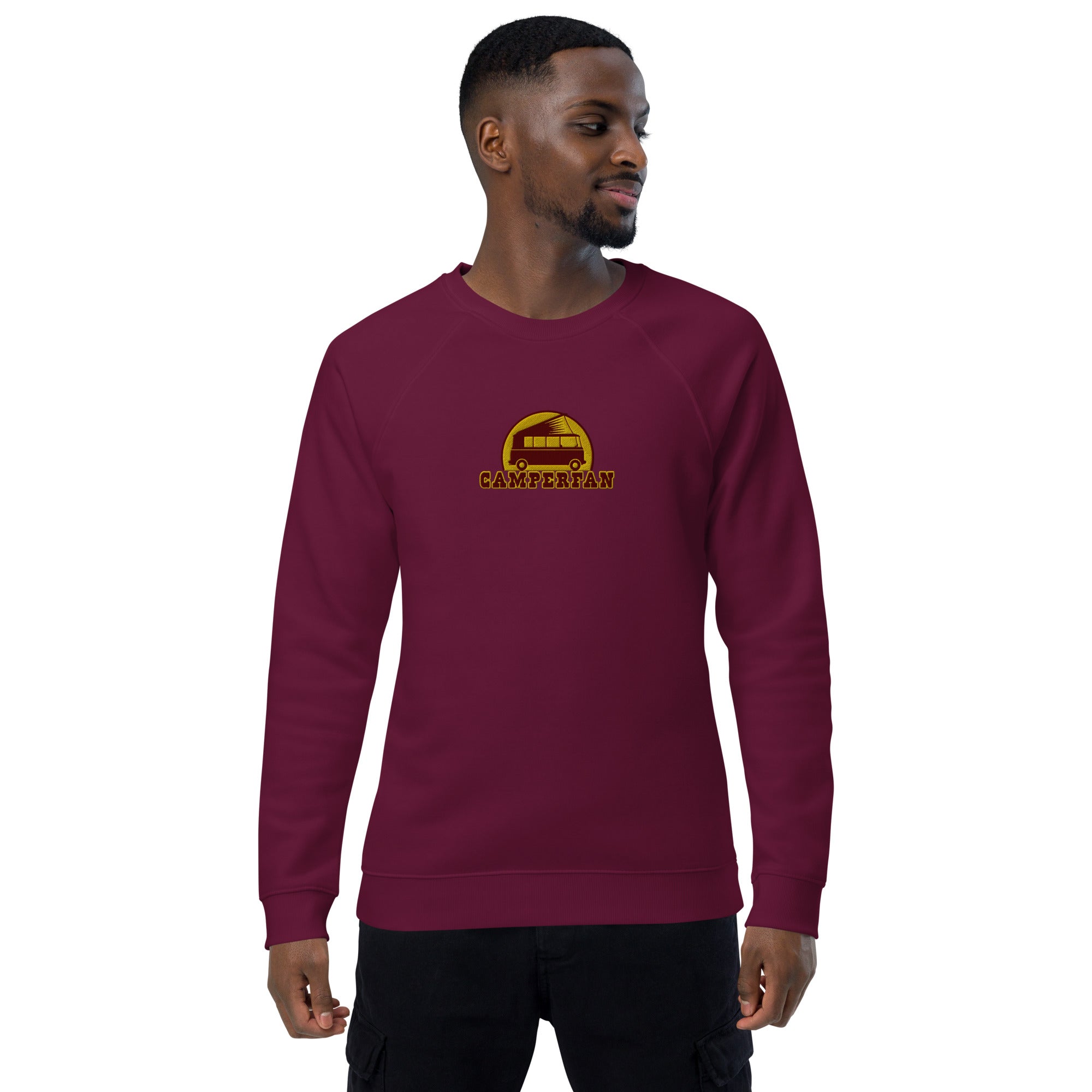 Unisex organic raglan sweatshirt Small Camperfan large brown/yellow embroidered pattern