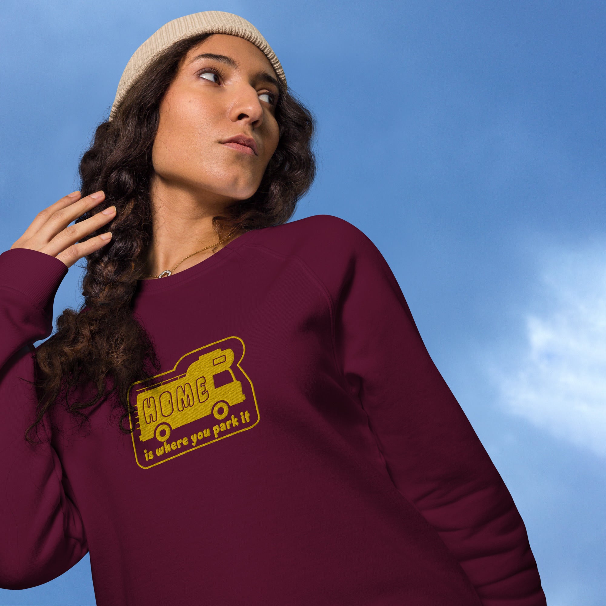Unisex organic raglan sweatshirt Bold Camper Van Home is where you park it large gold embroidered pattern