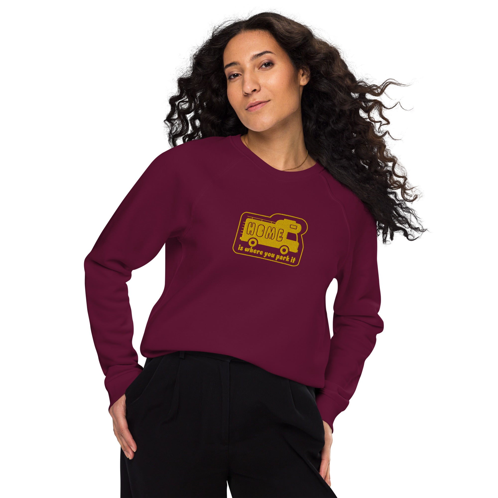 Unisex organic raglan sweatshirt Bold Camper Van Home is where you park it large gold embroidered pattern