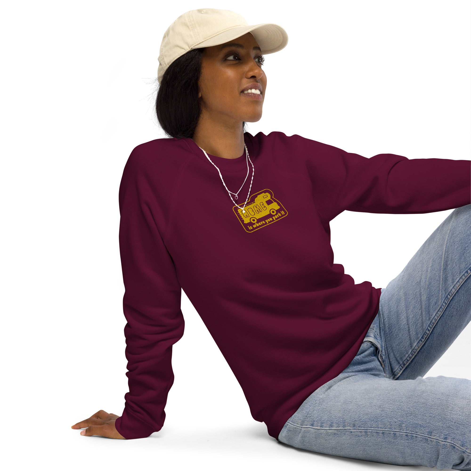 Unisex organic raglan sweatshirt Bold Camper Van Home is where you park it large gold embroidered pattern