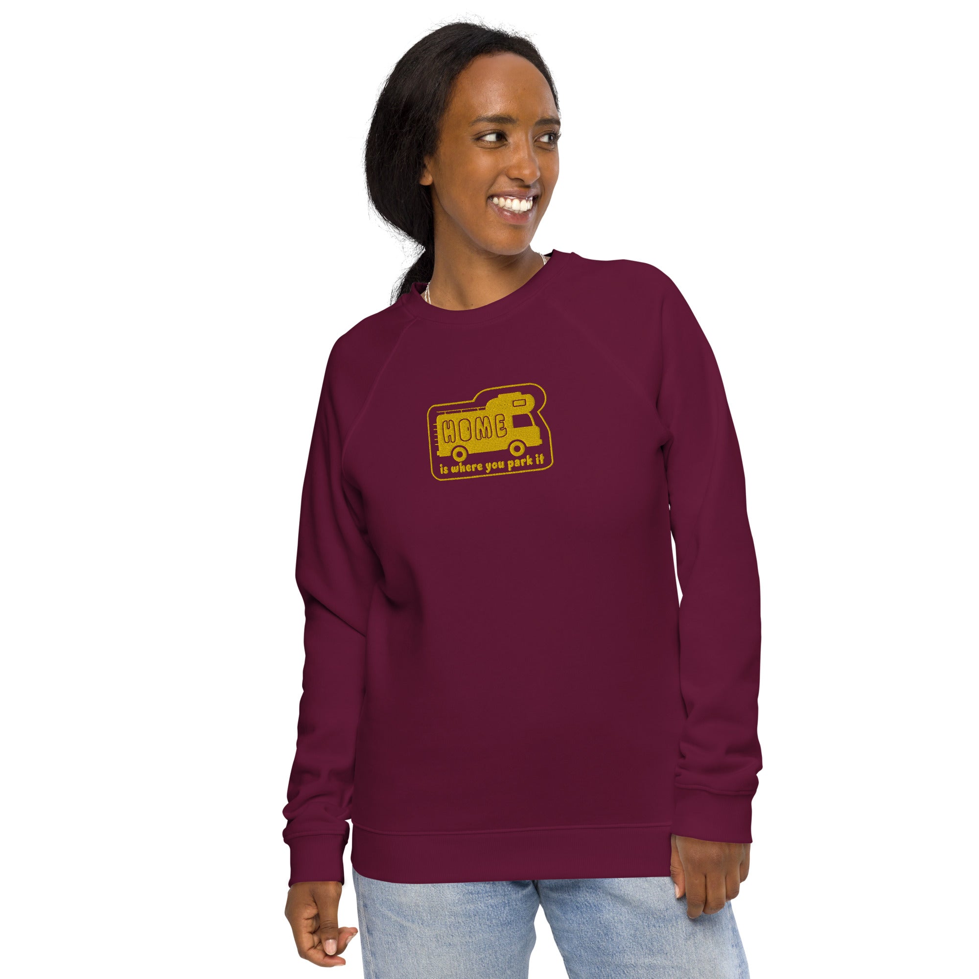 Unisex organic raglan sweatshirt Bold Camper Van Home is where you park it large gold embroidered pattern