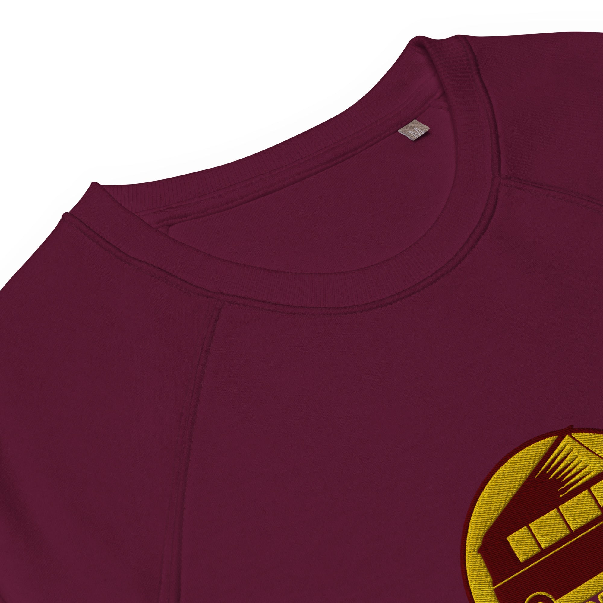 Unisex organic raglan sweatshirt Small Camperfan large brown/yellow embroidered pattern