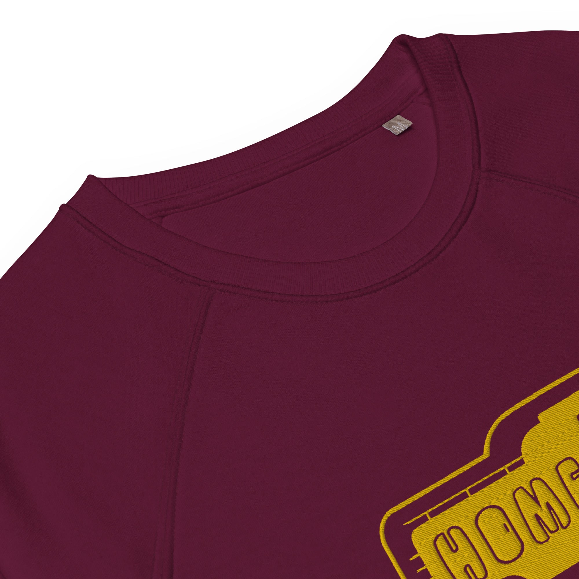 Unisex organic raglan sweatshirt Bold Camper Van Home is where you park it large gold embroidered pattern