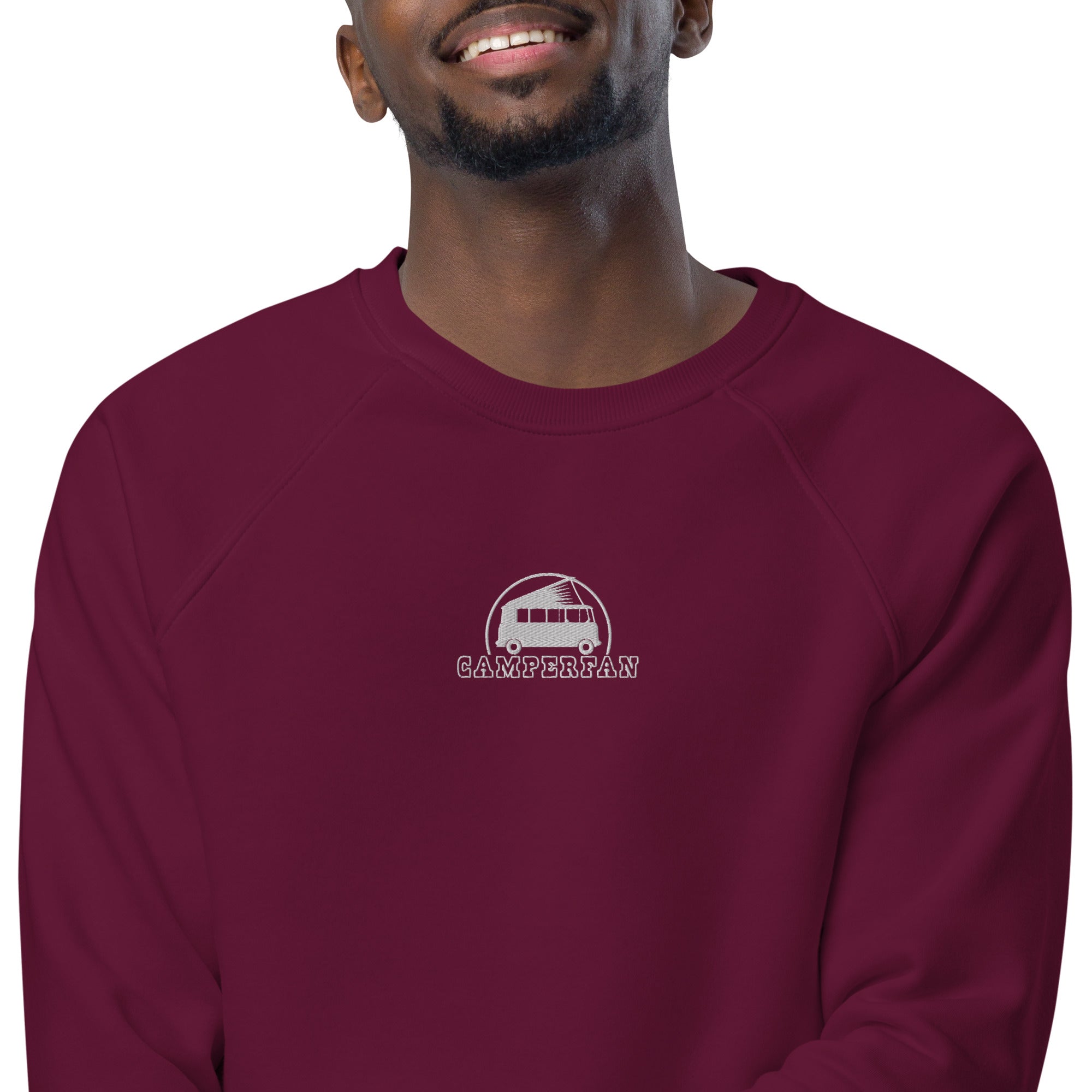 Unisex organic raglan sweatshirt Small Camperfan white embroidered pattern