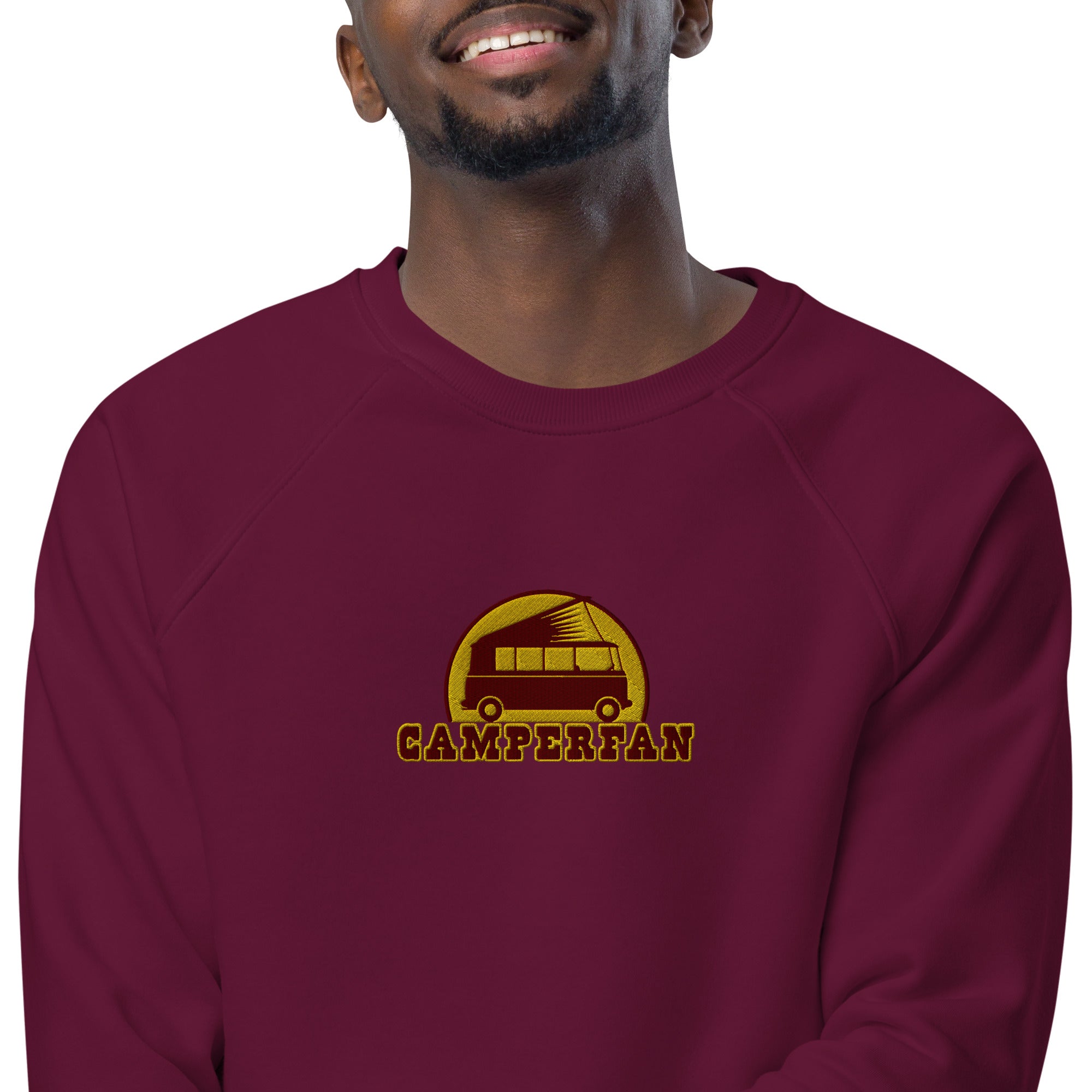Unisex organic raglan sweatshirt Small Camperfan large brown/yellow embroidered pattern