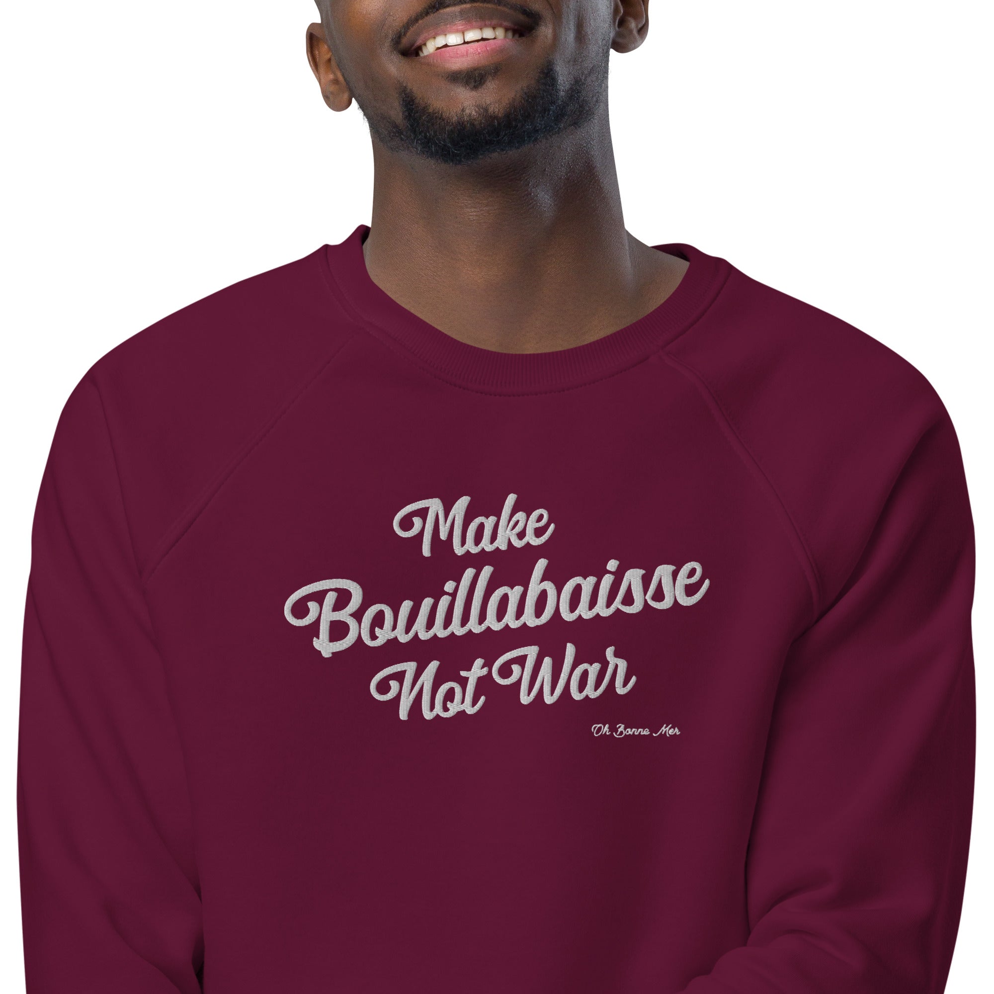Sweatshirt écologique raglan unisexe Make Bouillabaisse Not War grand motif brodé blanc