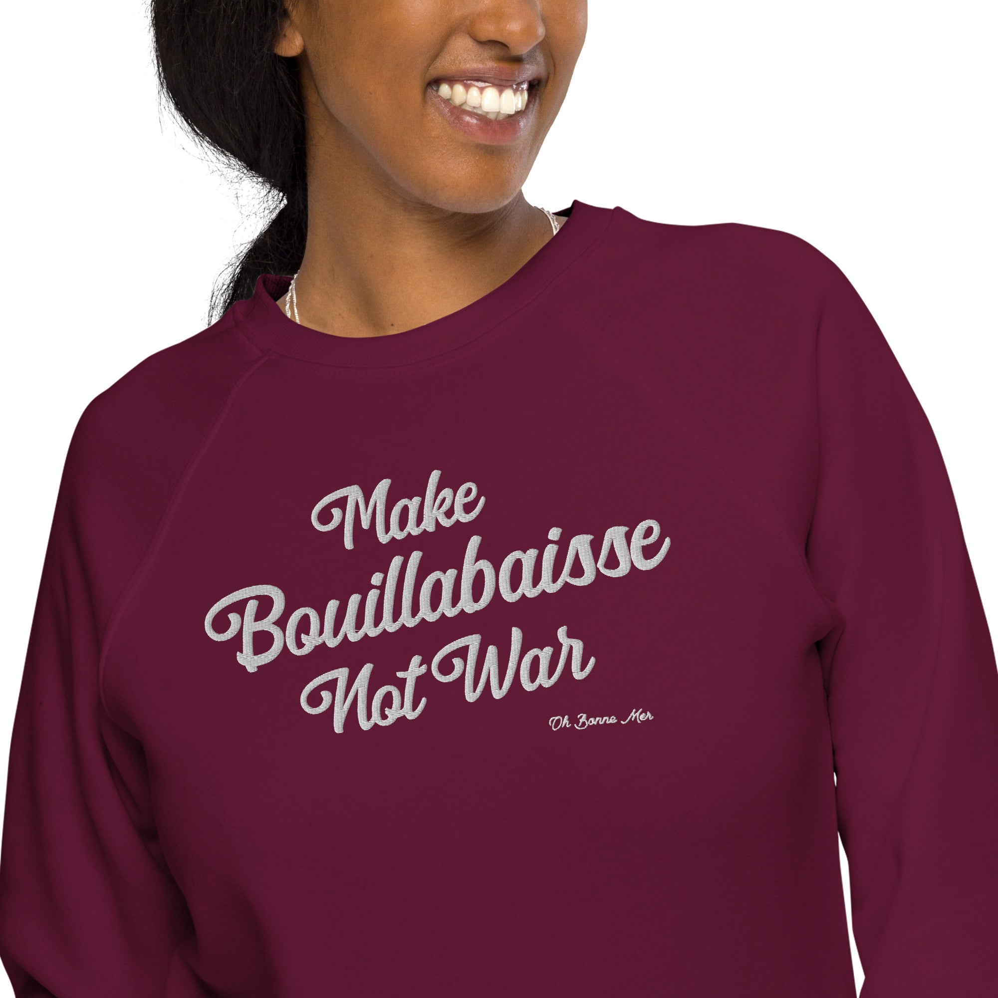 Sweatshirt écologique raglan unisexe Make Bouillabaisse Not War grand motif brodé blanc