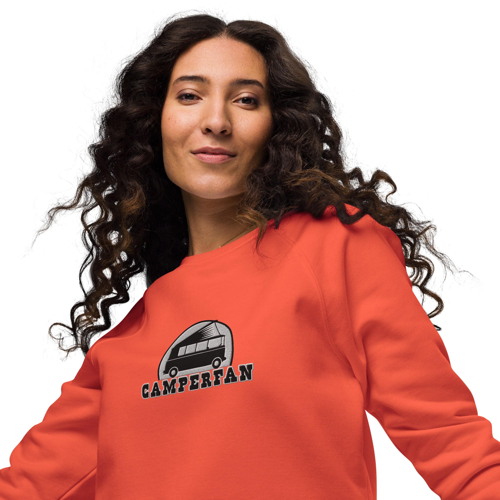 Unisex organic raglan sweatshirt Small Camperfan large black/white embroidered pattern
