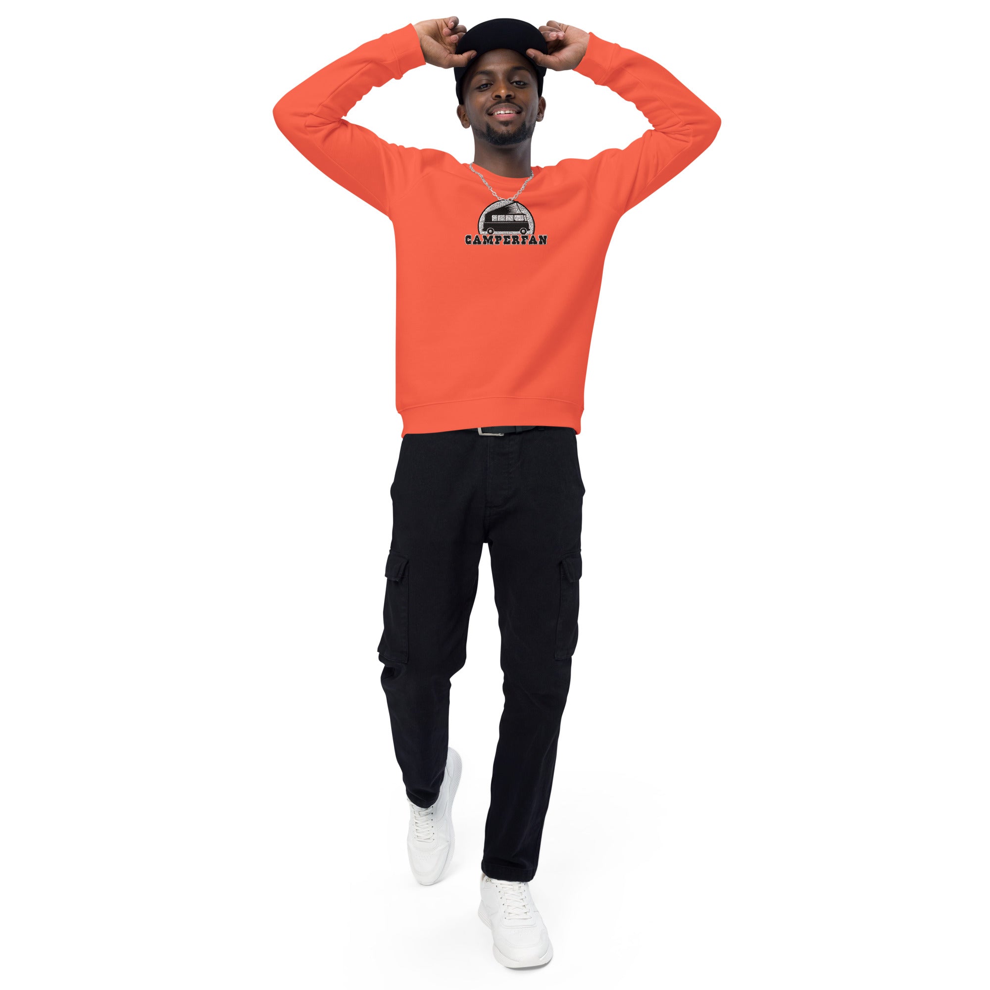 Unisex organic raglan sweatshirt Small Camperfan large black/white embroidered pattern