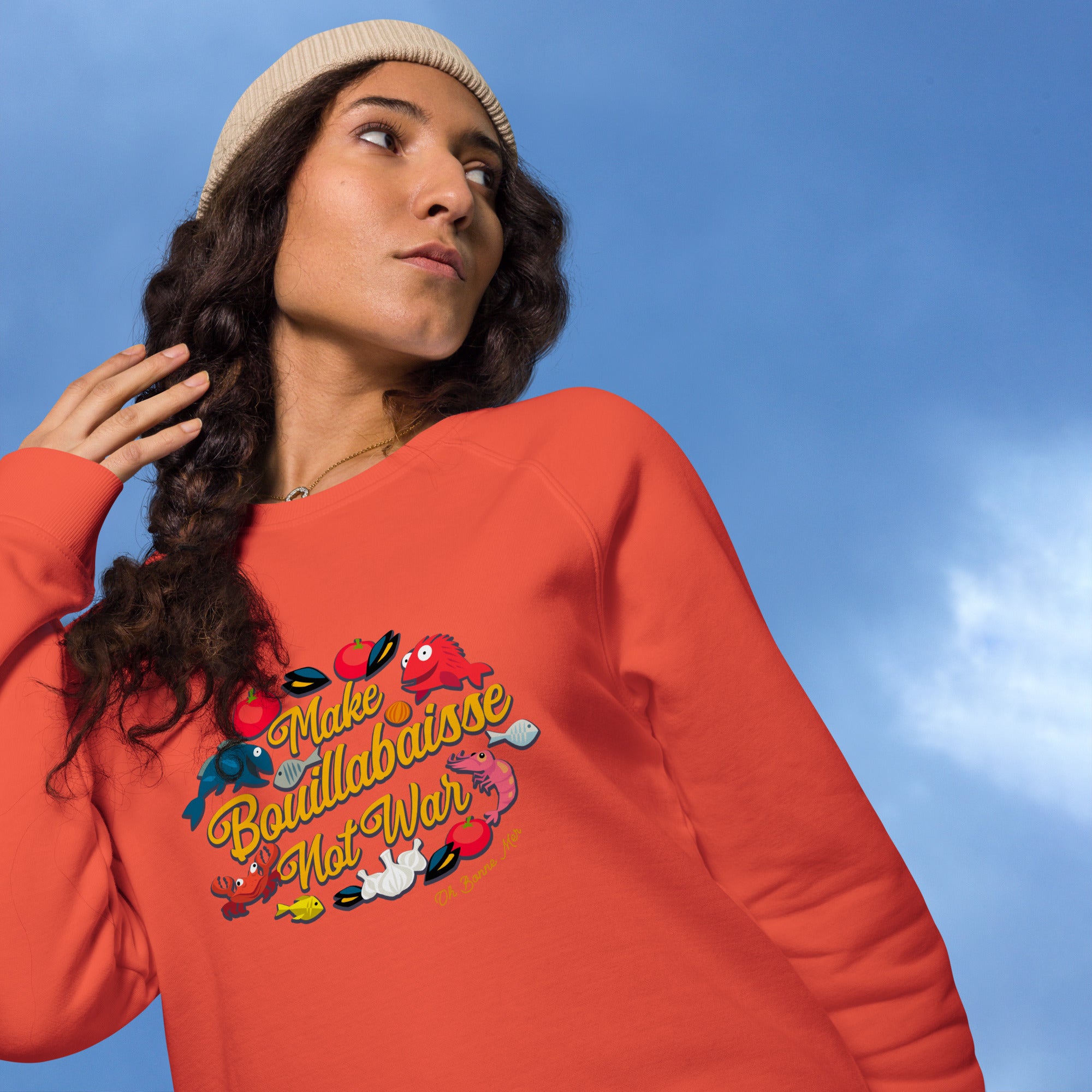 Sweatshirt écologique raglan unisexe Make Bouillabaisse Not War Oh Bonne Mer
