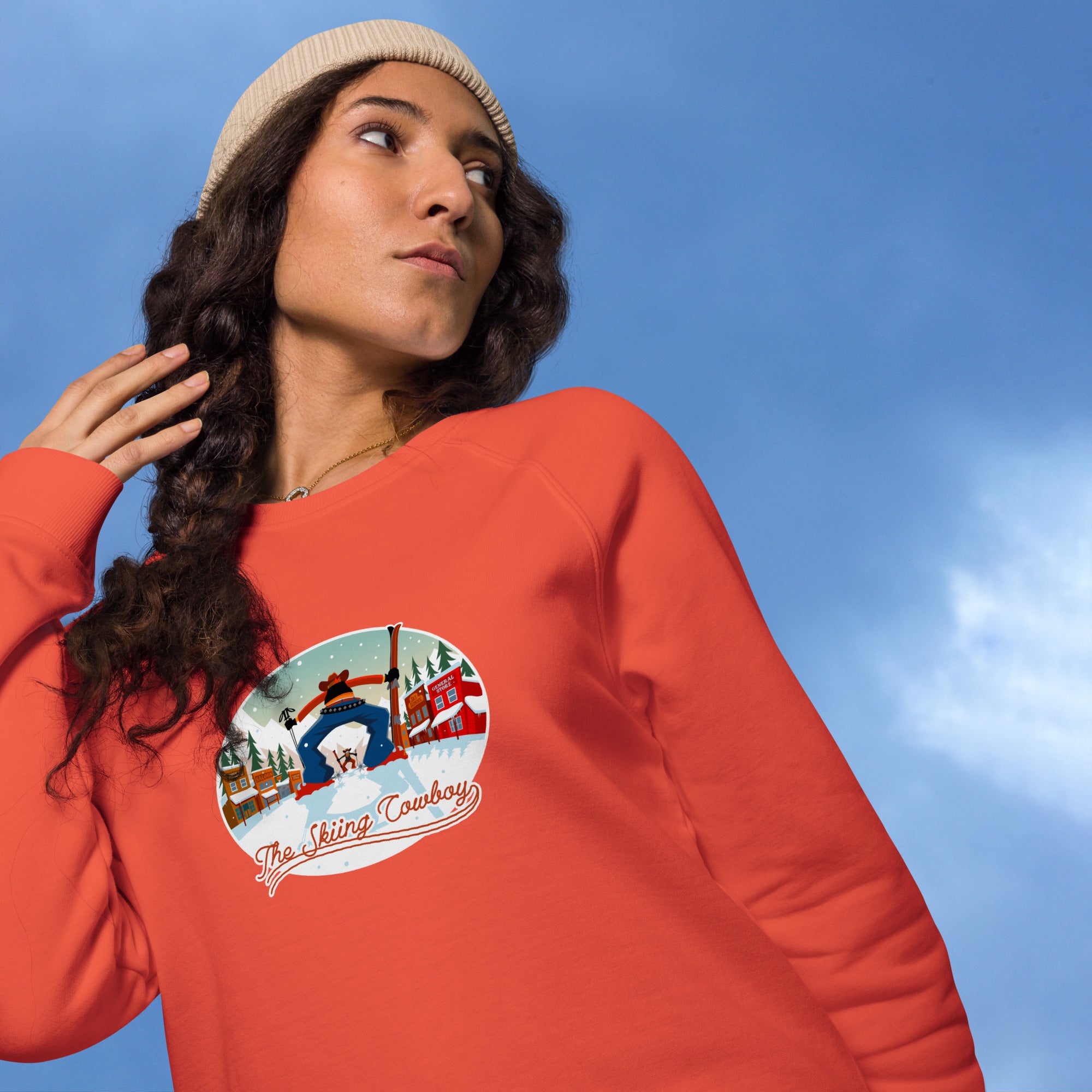 Sweatshirt écologique raglan unisexe Ski Fight at OK Corral (face & dos)