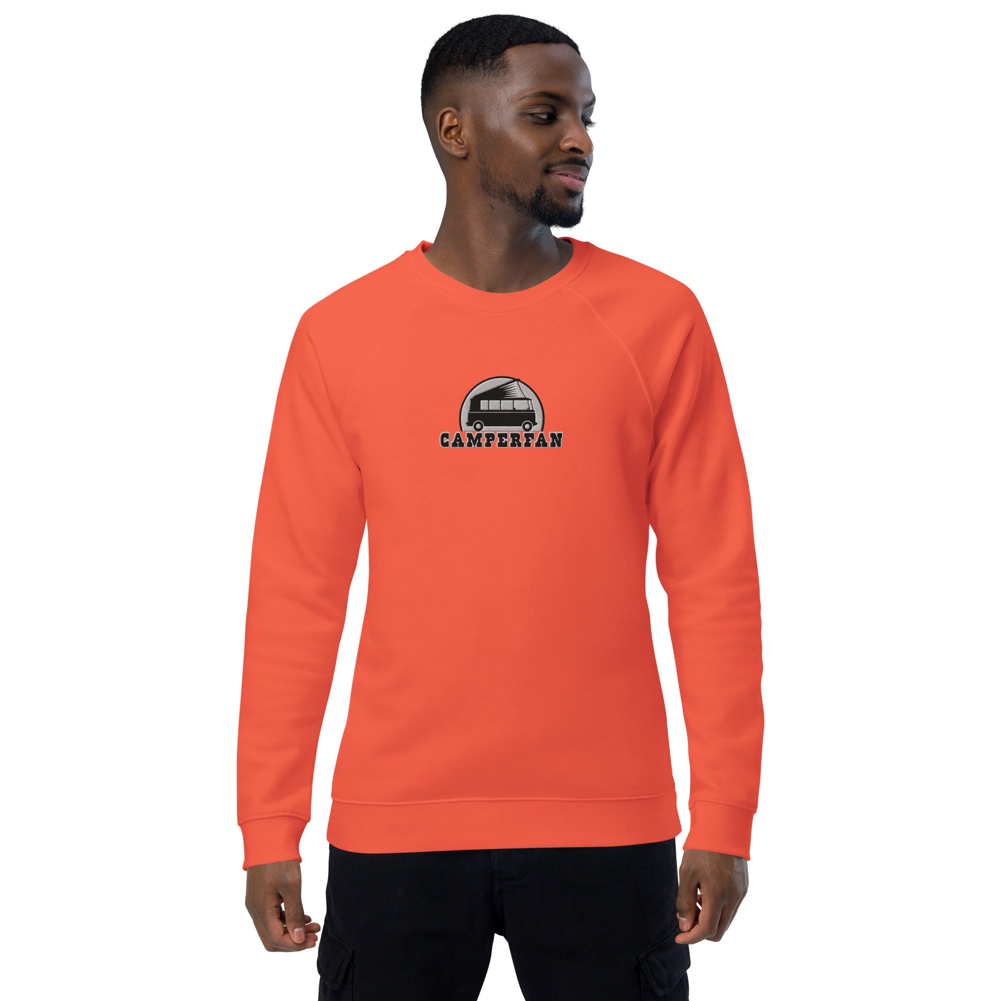 Unisex organic raglan sweatshirt Small Camperfan large black/white embroidered pattern