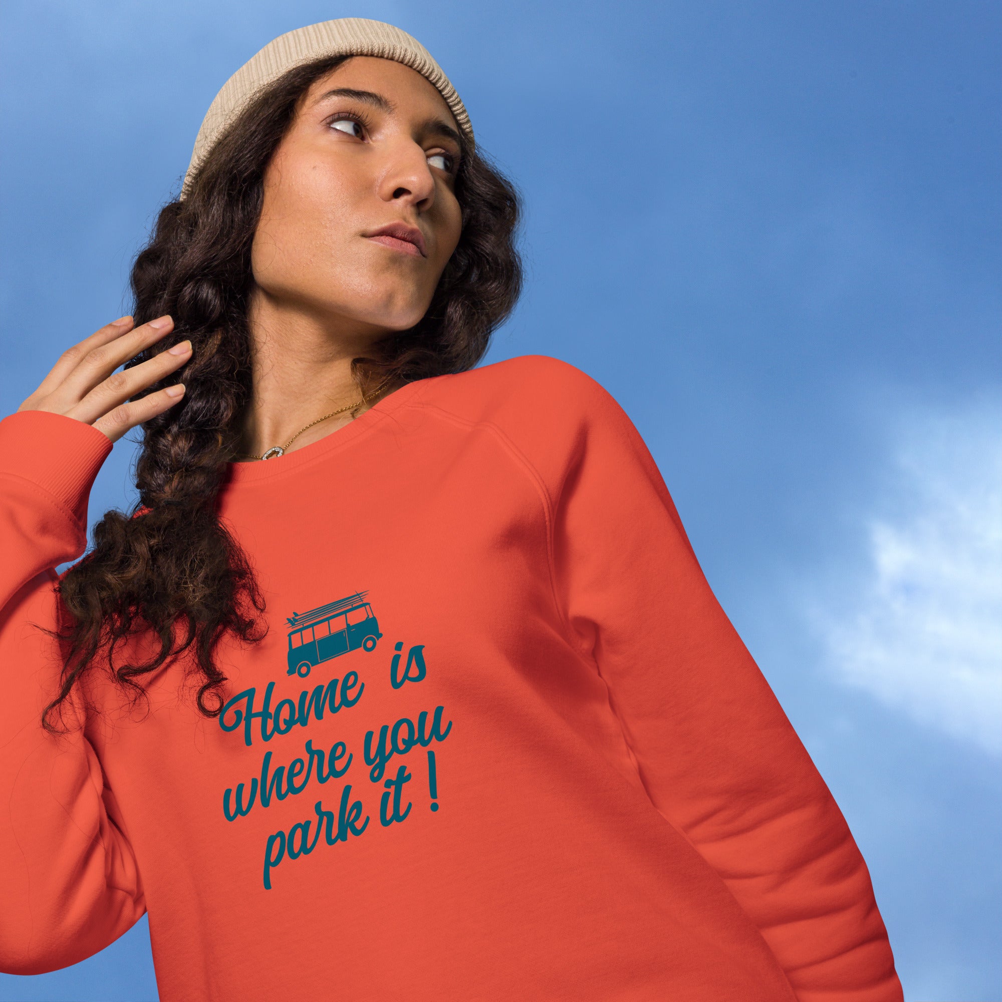 Sweatshirt écologique raglan unisexe Blue Surf Combi Home is where you park it