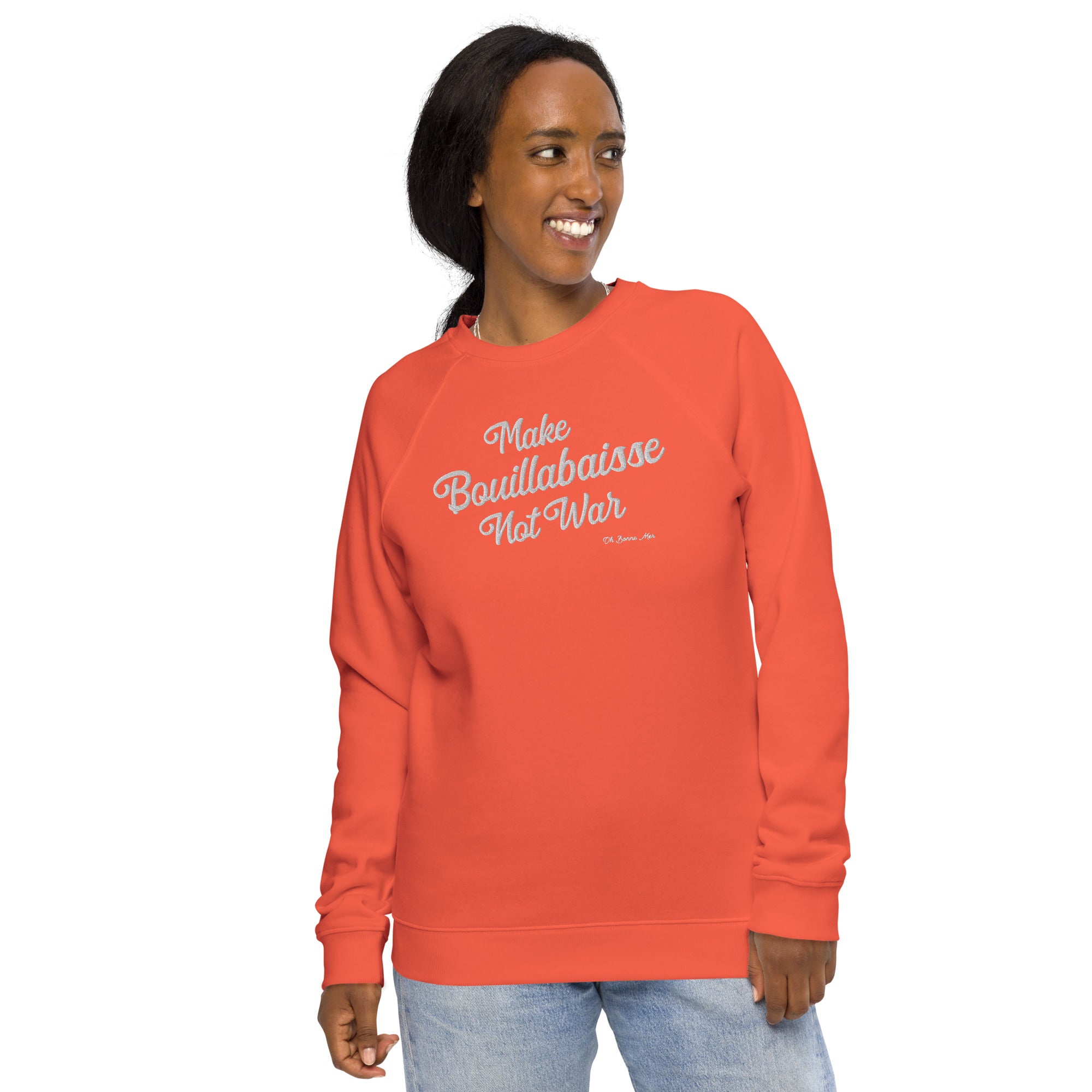 Sweatshirt écologique raglan unisexe Make Bouillabaisse Not War grand motif brodé blanc