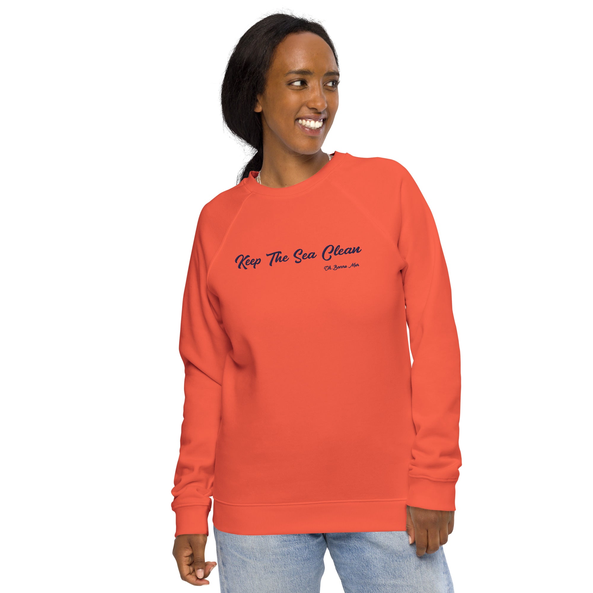 Sweatshirt écologique raglan unisexe Keep The Sea Clean grand motif navy brodé