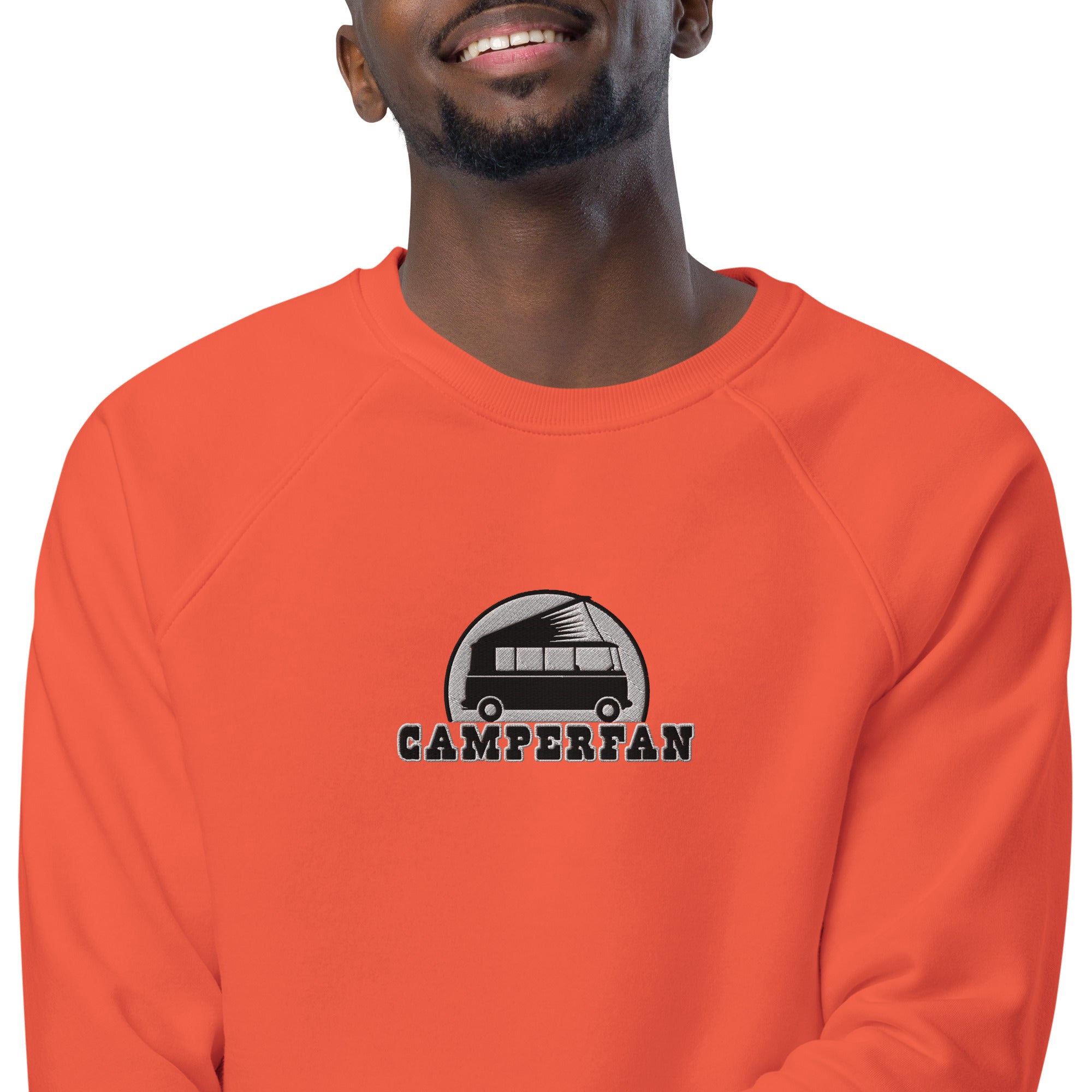 Unisex organic raglan sweatshirt Small Camperfan large black/white embroidered pattern