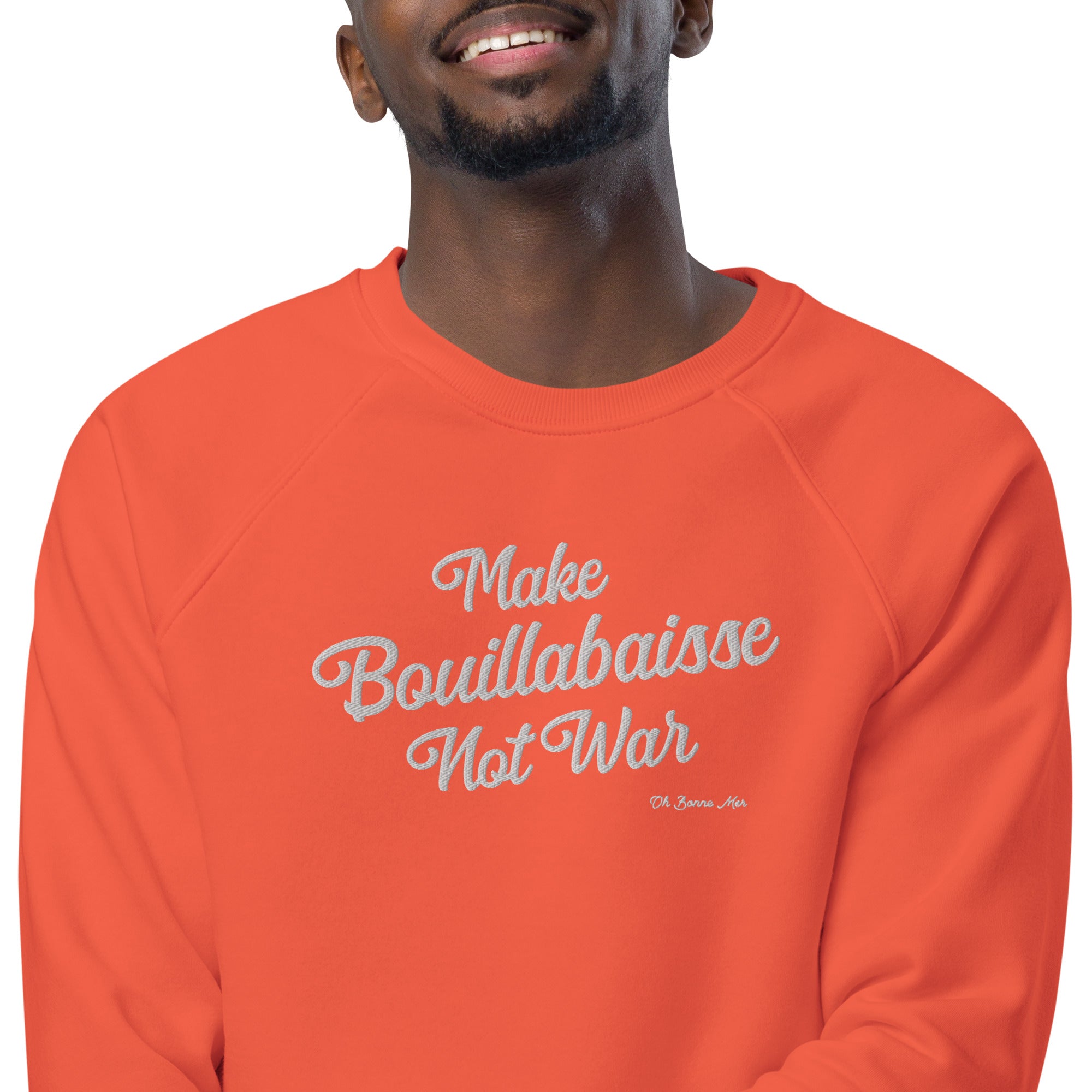 Sweatshirt écologique raglan unisexe Make Bouillabaisse Not War grand motif brodé blanc