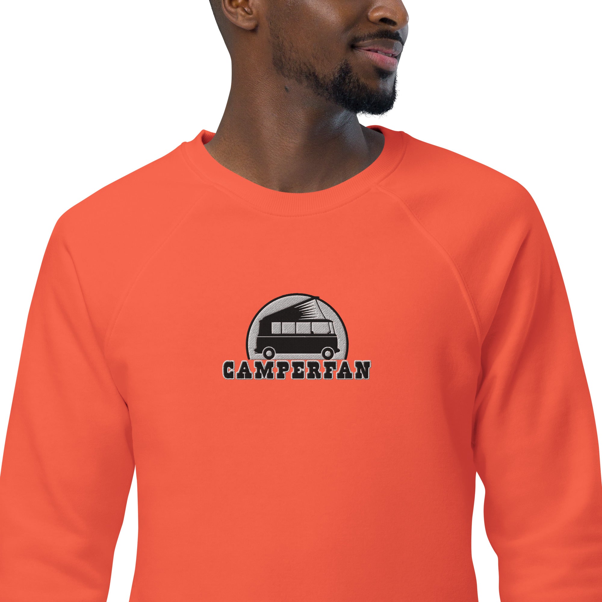 Unisex organic raglan sweatshirt Small Camperfan large black/white embroidered pattern