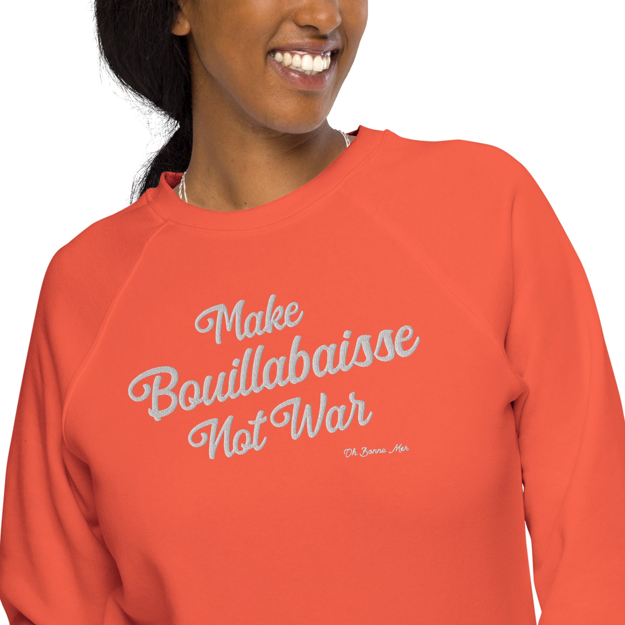 Sweatshirt écologique raglan unisexe Make Bouillabaisse Not War grand motif brodé blanc