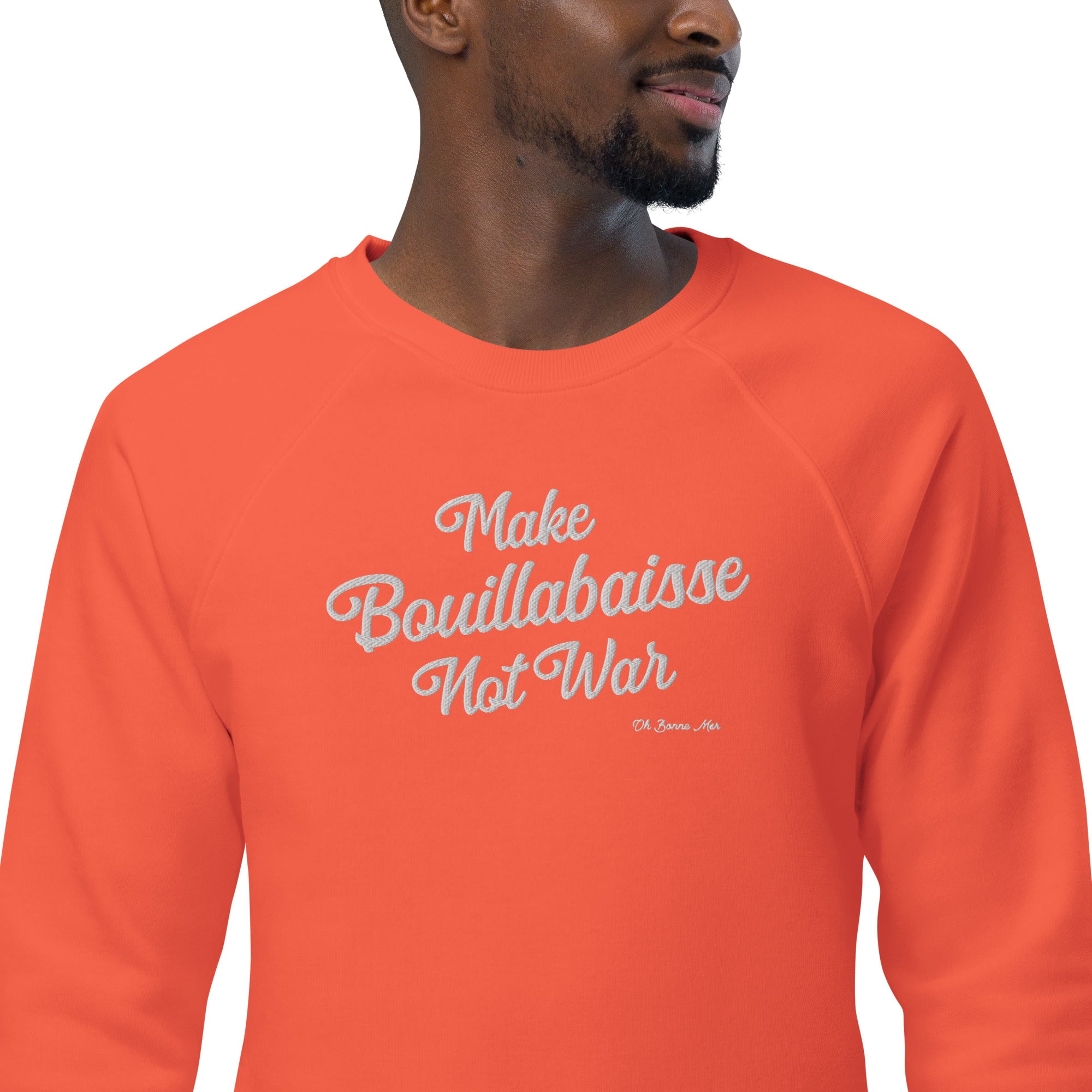 Sweatshirt écologique raglan unisexe Make Bouillabaisse Not War grand motif brodé blanc