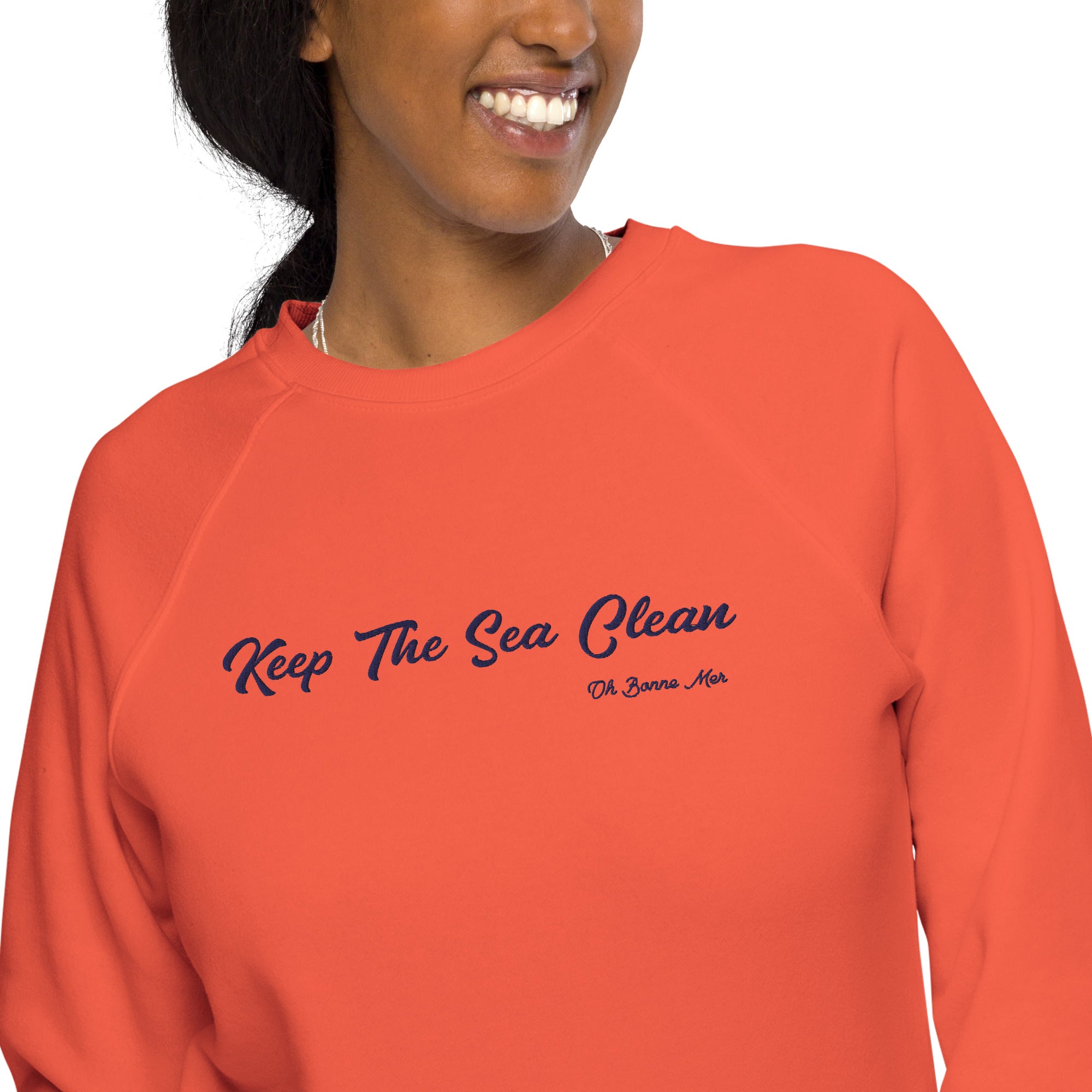 Sweatshirt écologique raglan unisexe Keep The Sea Clean grand motif navy brodé