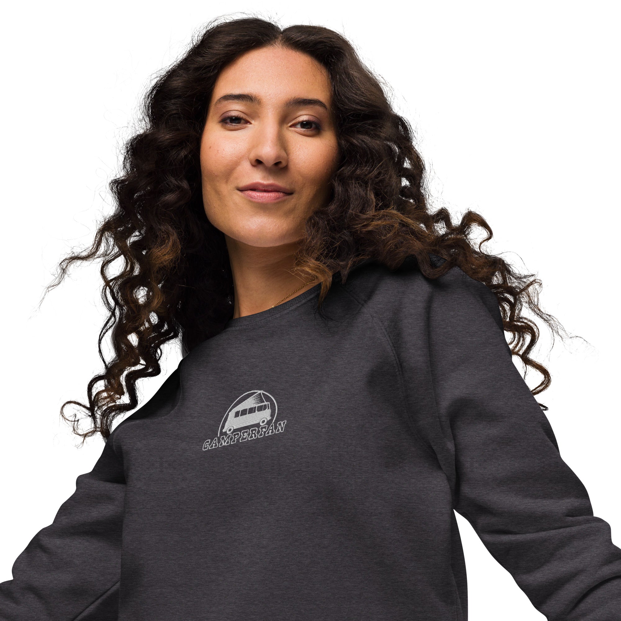 Unisex organic raglan sweatshirt Small Camperfan white embroidered pattern