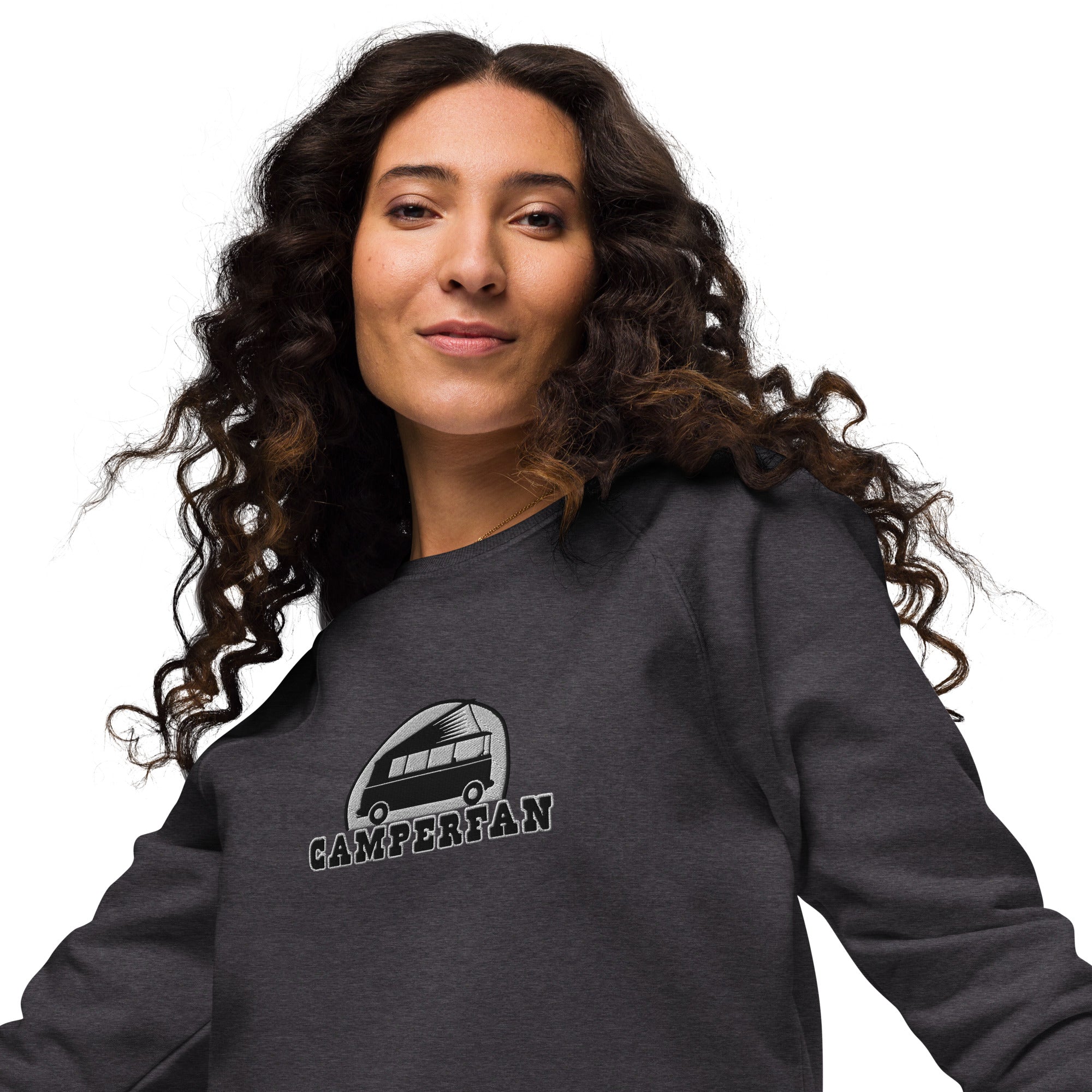 Unisex organic raglan sweatshirt Small Camperfan large black/white embroidered pattern