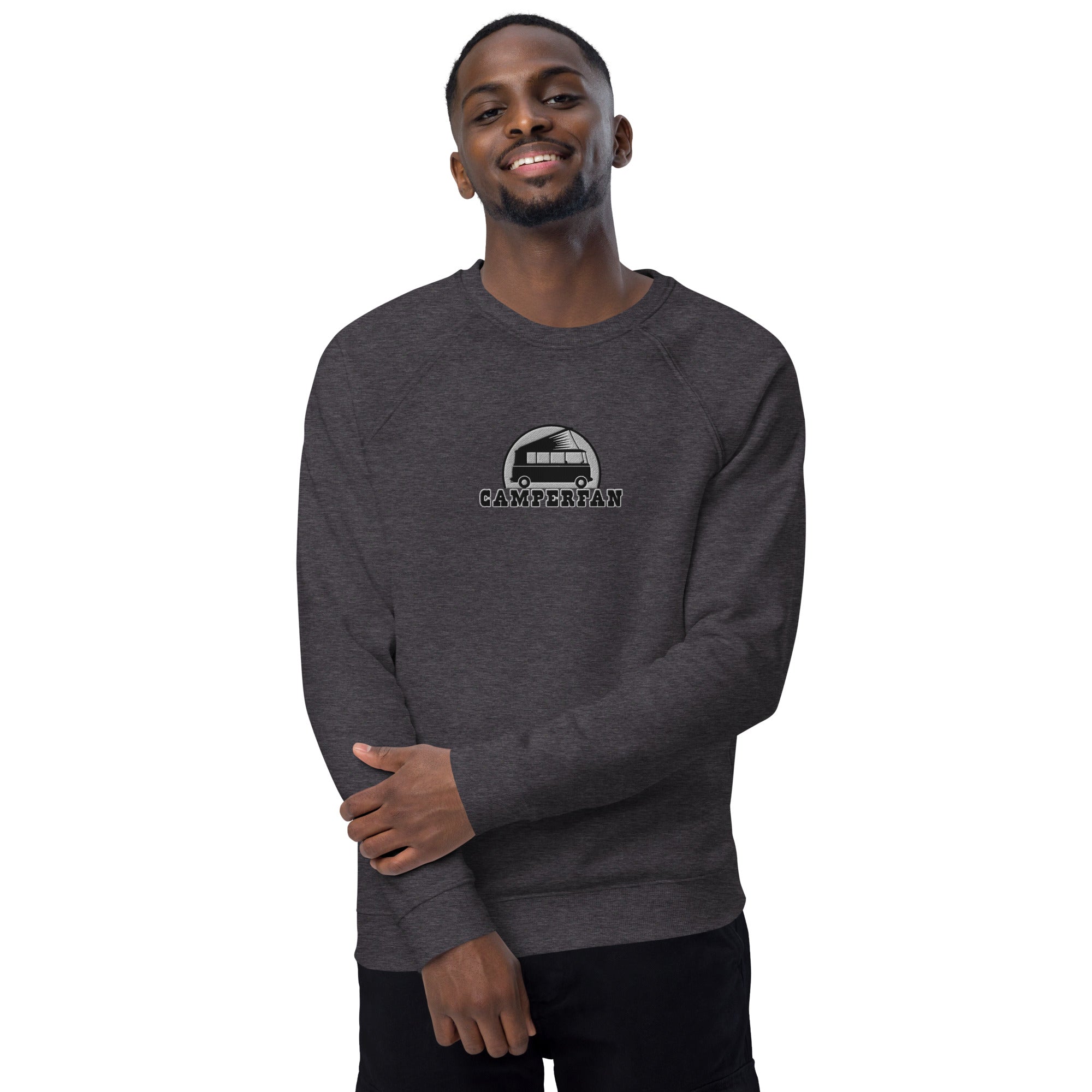 Unisex organic raglan sweatshirt Small Camperfan large black/white embroidered pattern