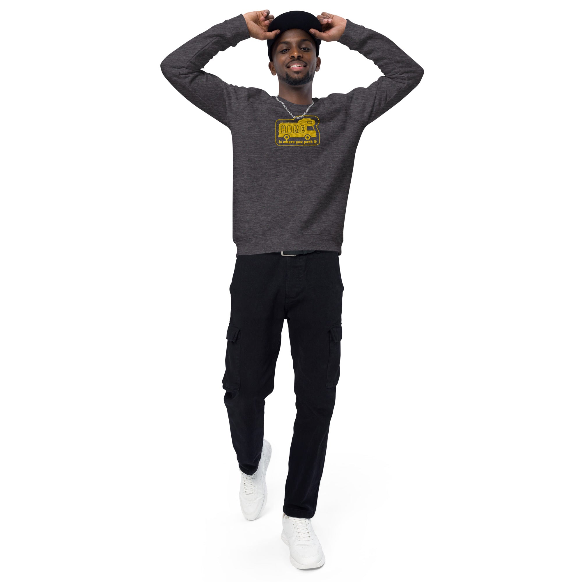 Unisex organic raglan sweatshirt Bold Camper Van Home is where you park it large gold embroidered pattern