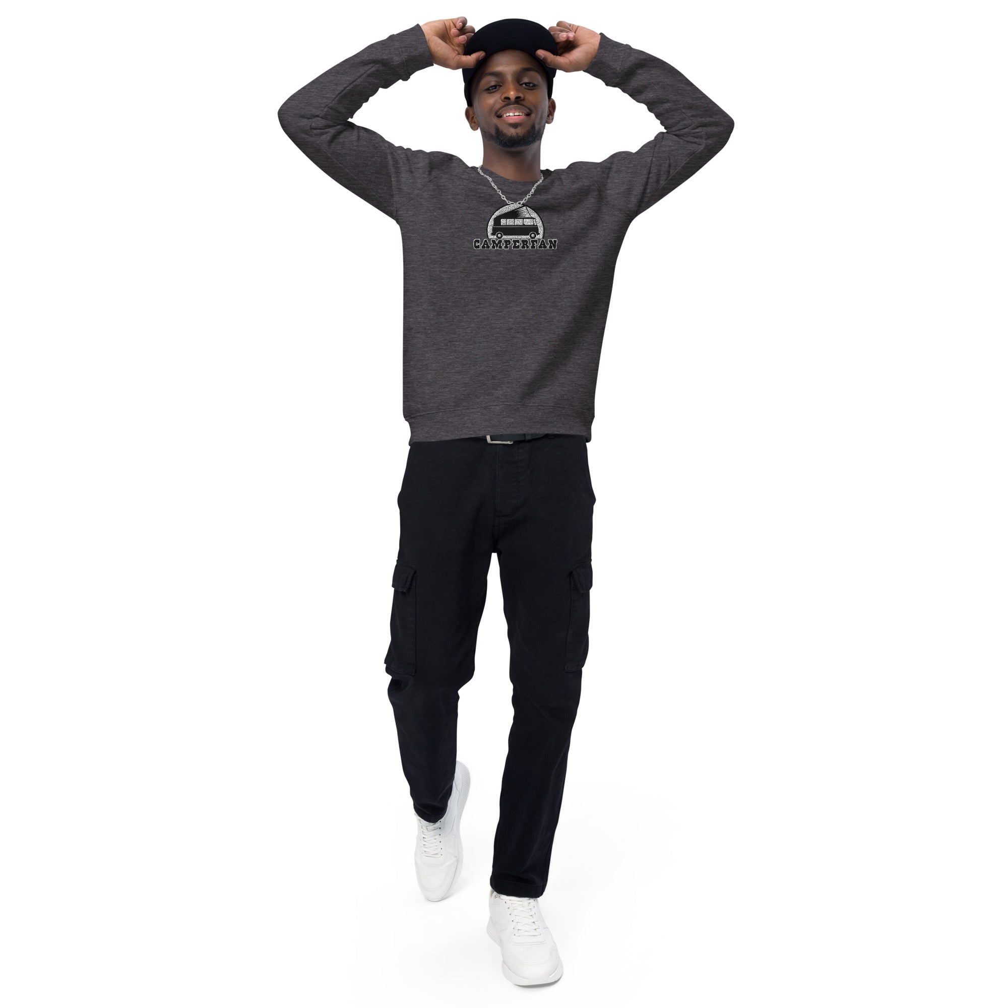 Unisex organic raglan sweatshirt Small Camperfan large black/white embroidered pattern
