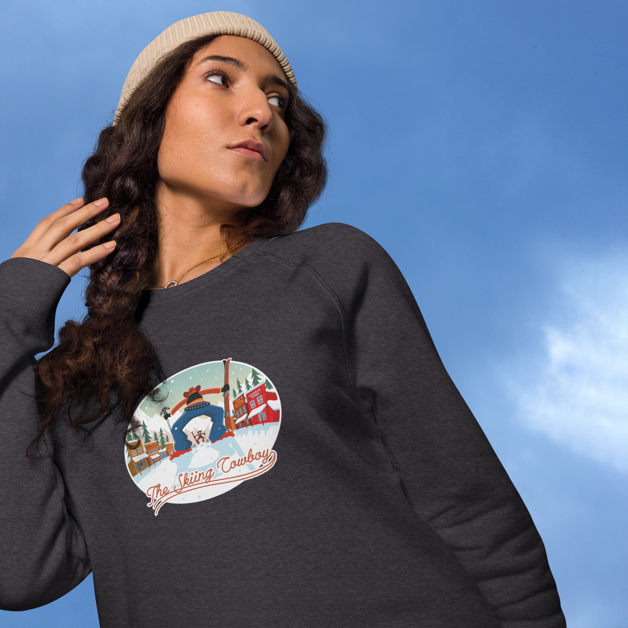 Sweatshirt écologique raglan unisexe Ski Fight at OK Corral (face & dos)