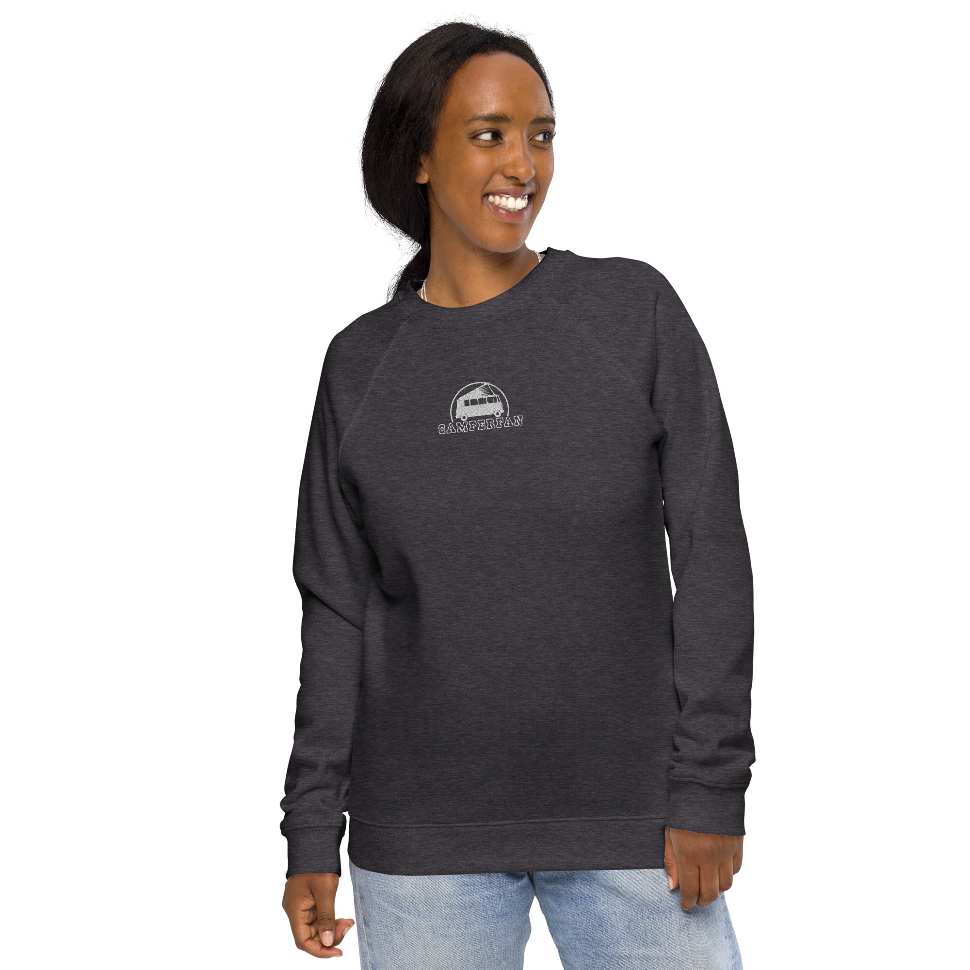 Unisex organic raglan sweatshirt Small Camperfan white embroidered pattern