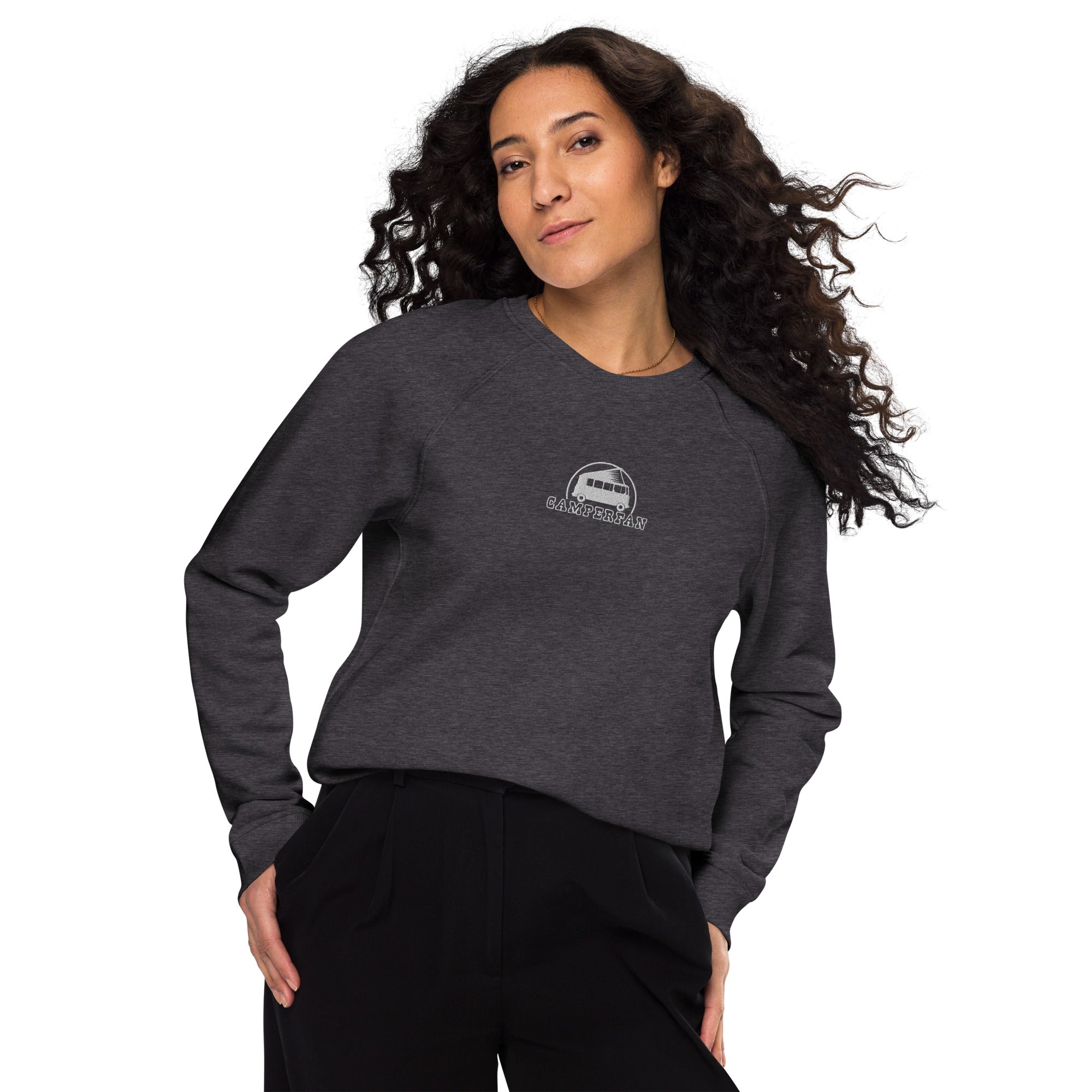 Unisex organic raglan sweatshirt Small Camperfan white embroidered pattern