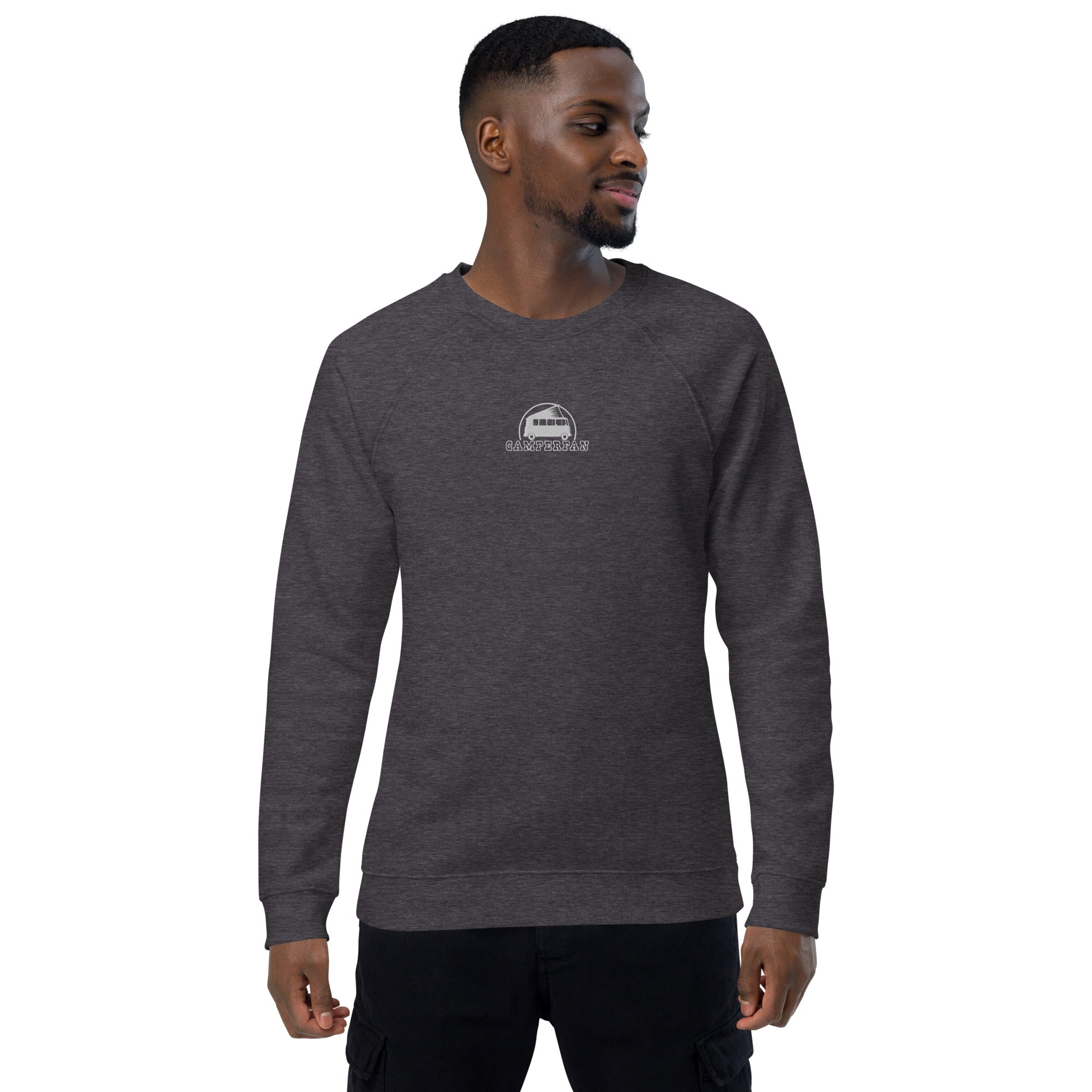 Unisex organic raglan sweatshirt Small Camperfan white embroidered pattern